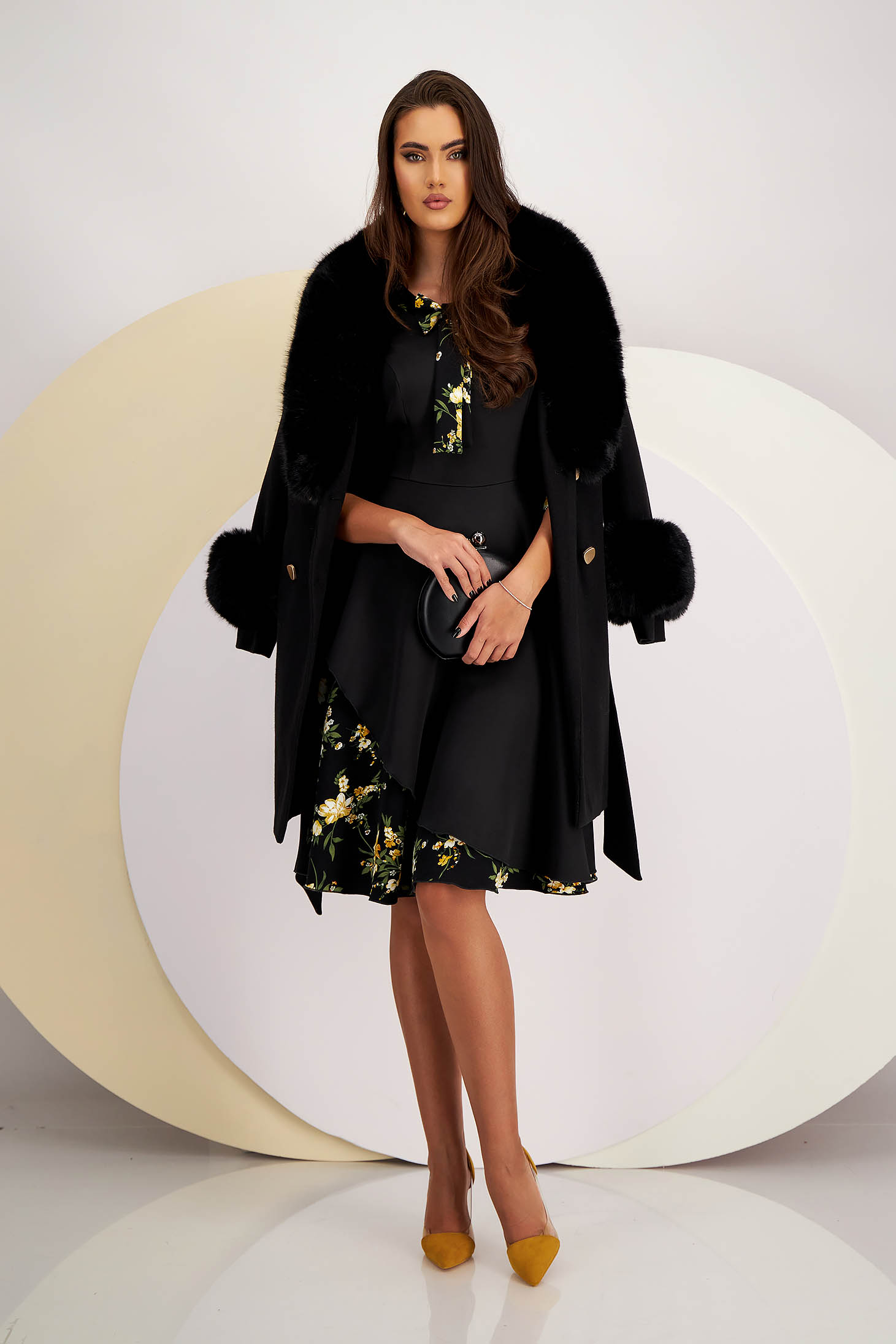 Rochie din stofa elastica neagra pana la genunchi in clos cu funda decorativa - StarShinerS 6 - StarShinerS.ro
