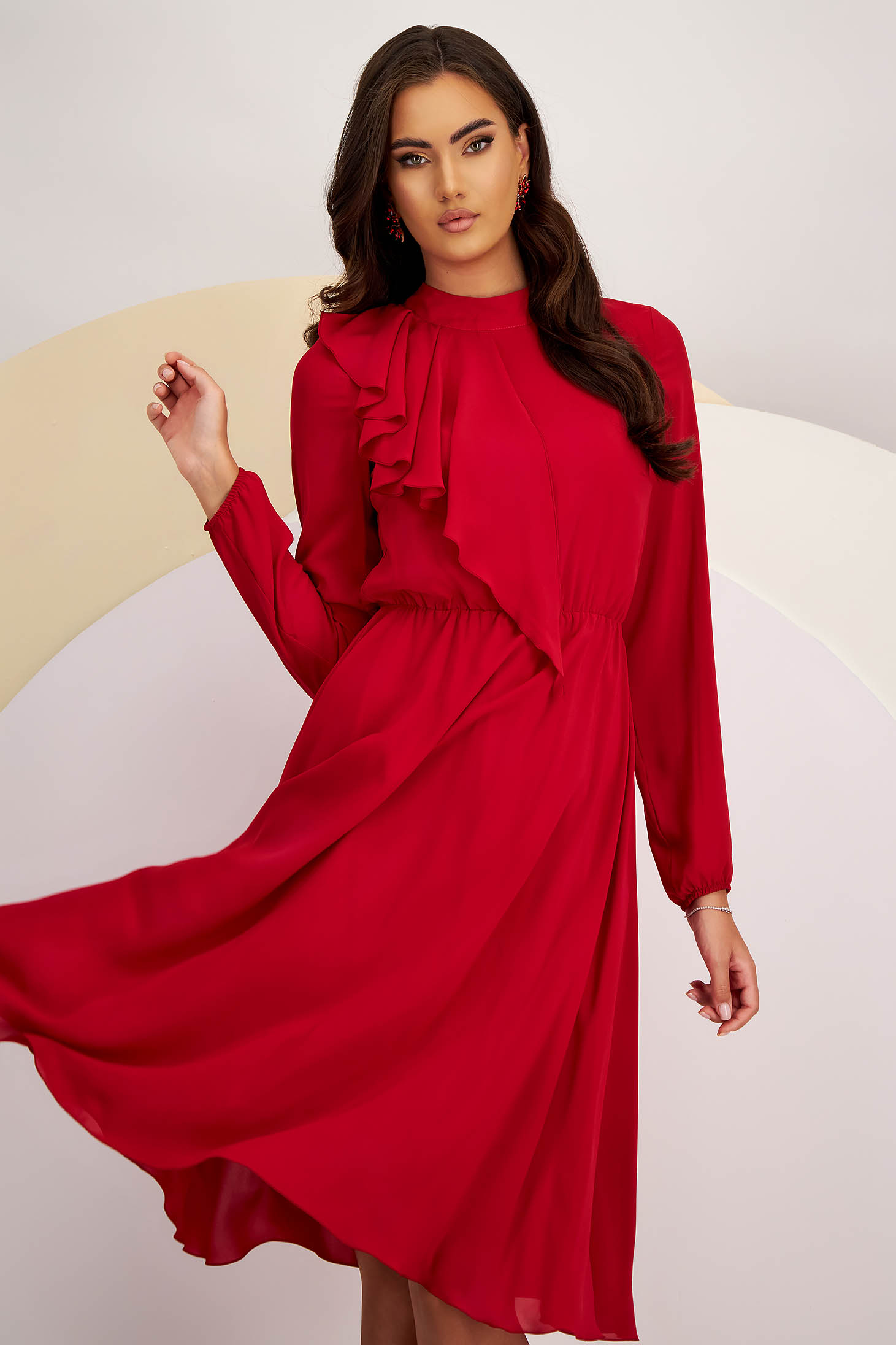 Piros muszlin midi ruha, harang alakú gumirozott derékrésszel 6 - StarShinerS.hu
