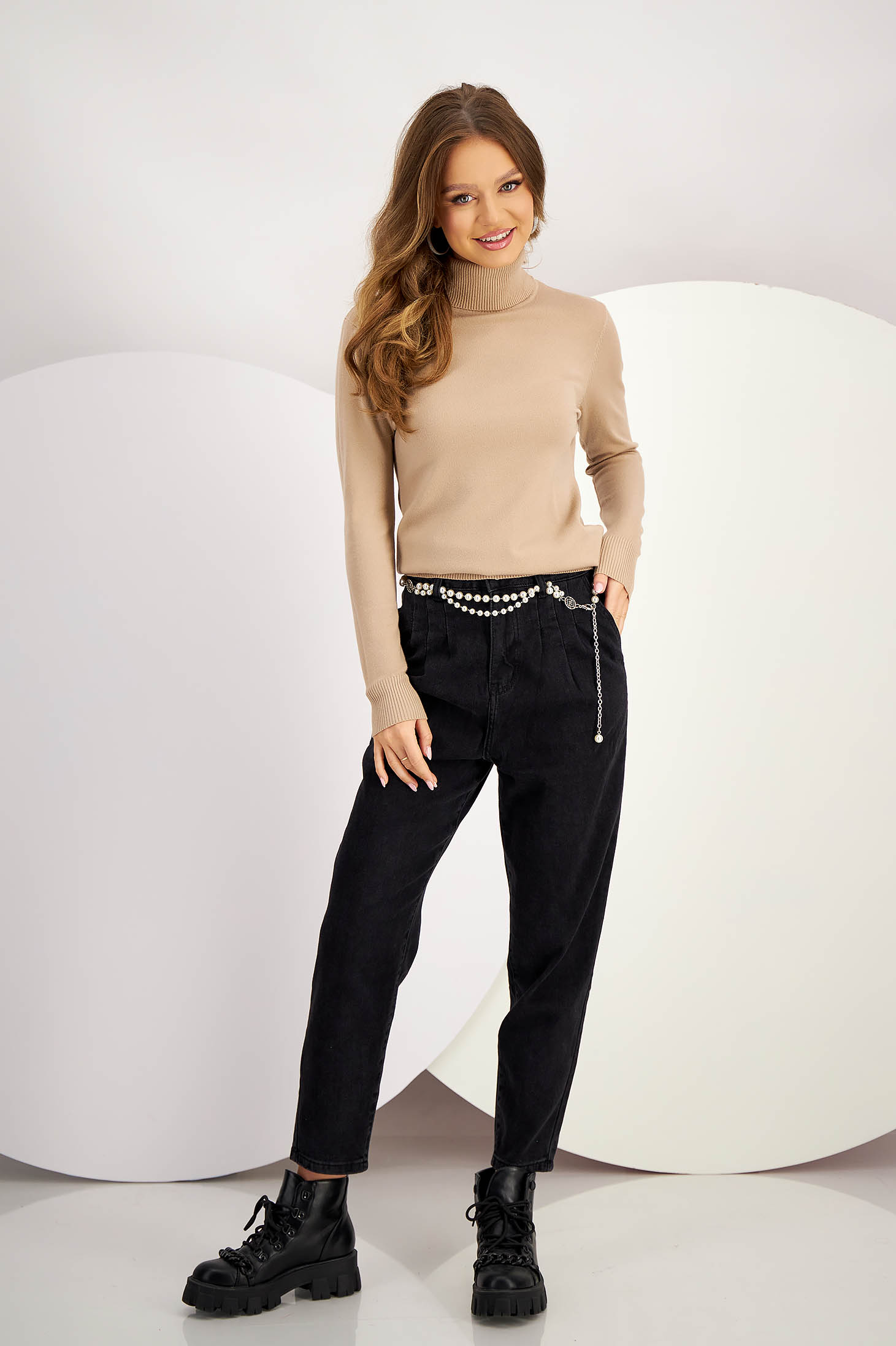 Pulover din tricot fin bej mulat cu guler inalt - SunShine 5 - StarShinerS.ro