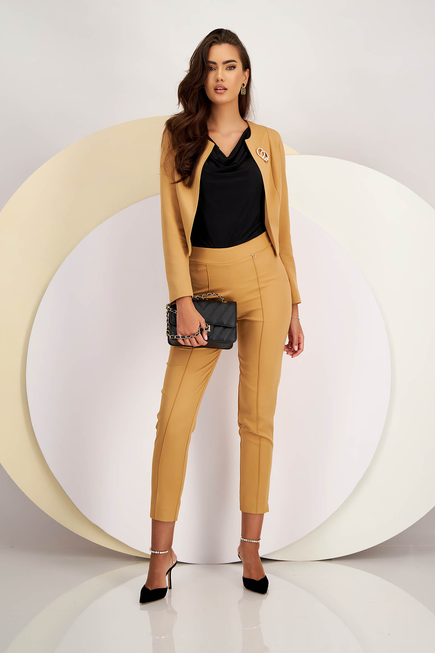 Pantaloni din stofa usor elastica nude conici cu talie inalta - StarShinerS 7 - StarShinerS.ro