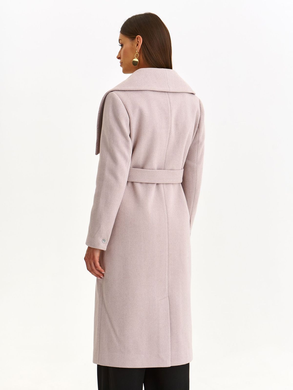Palton din stofa roz deschis lung cu un croi drept accesorizat cu cordon si buzunare laterale - Top Secret 3 - StarShinerS.ro