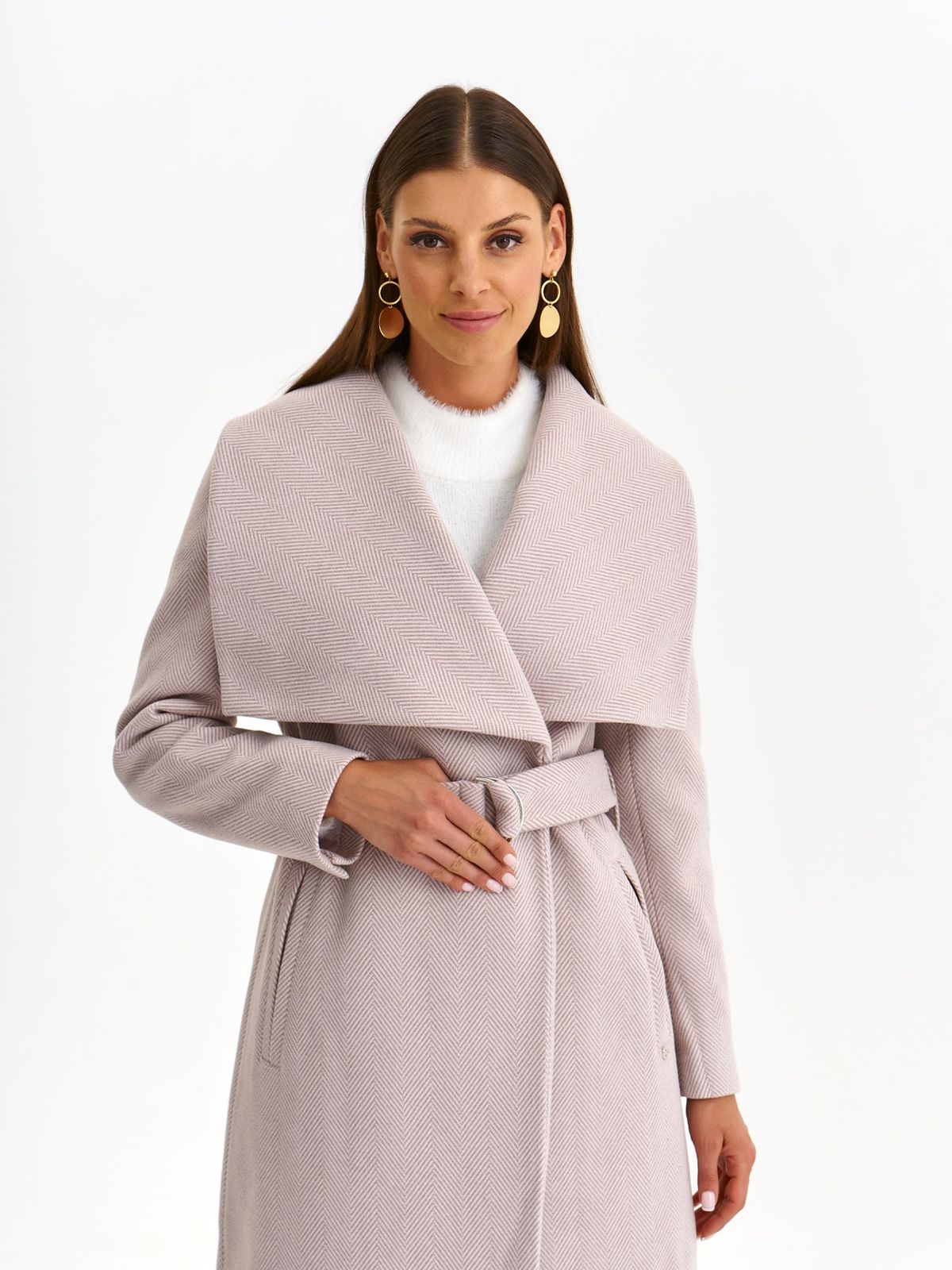 Palton din stofa roz deschis lung cu un croi drept accesorizat cu cordon si buzunare laterale - Top Secret 4 - StarShinerS.ro