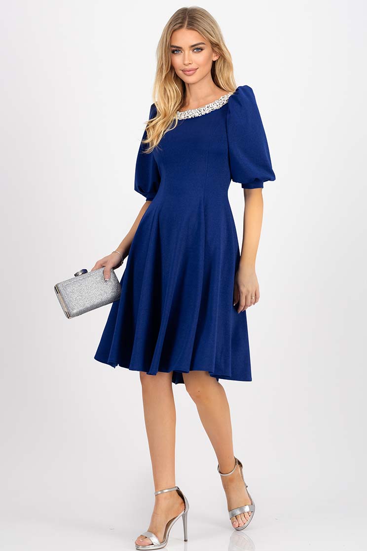 Kék krepp ruha, térdigérő 3 - StarShinerS.hu