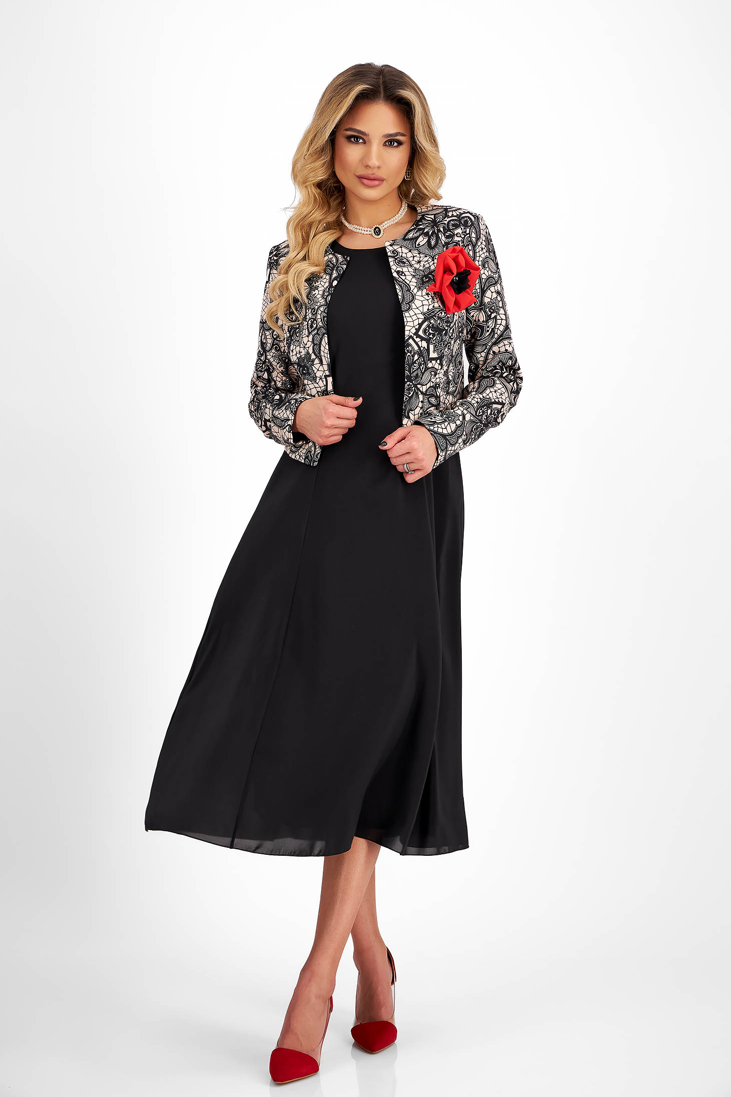 Muszlin és rugalmas szövetü női kosztüm - fekete, bross kiegészítővel - StarShinerS 6 - StarShinerS.hu