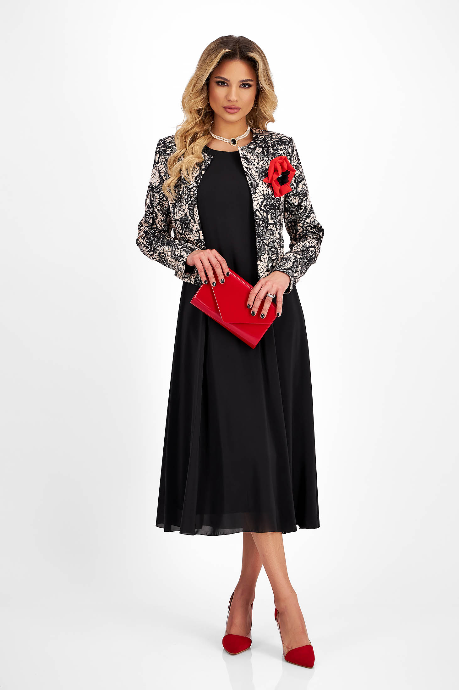 Muszlin és rugalmas szövetü női kosztüm - fekete, bross kiegészítővel - StarShinerS 4 - StarShinerS.hu