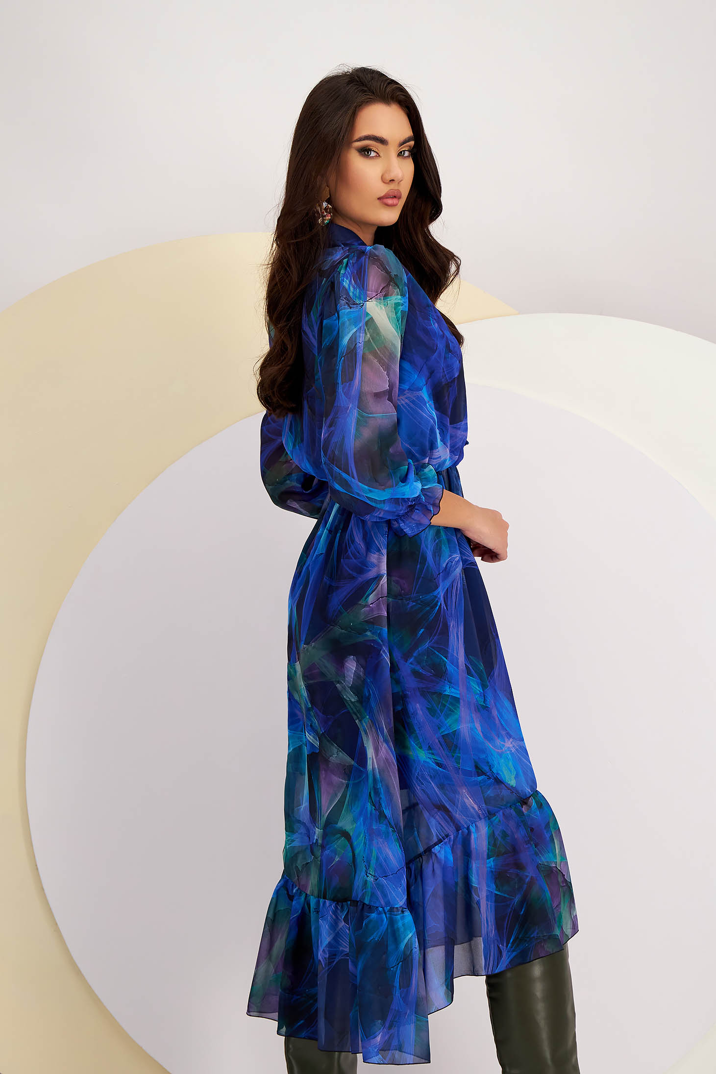 Kék muszlin midi ruha, harang alakú gumirozott derékrésszel 2 - StarShinerS.hu