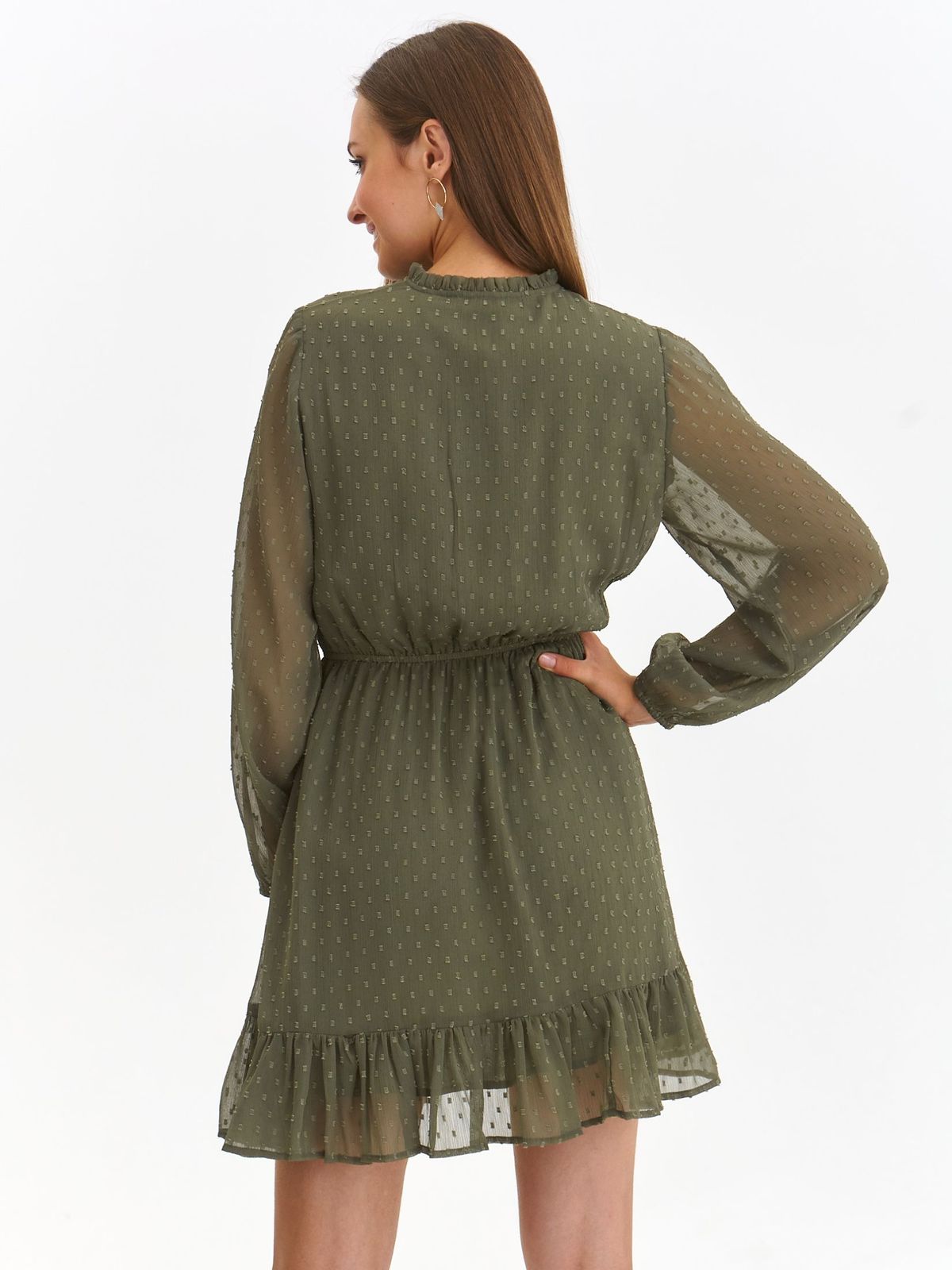 Khaki zöld muszlin rövid ruha, harang alakú gumirozott derékrésszel 3 - StarShinerS.hu