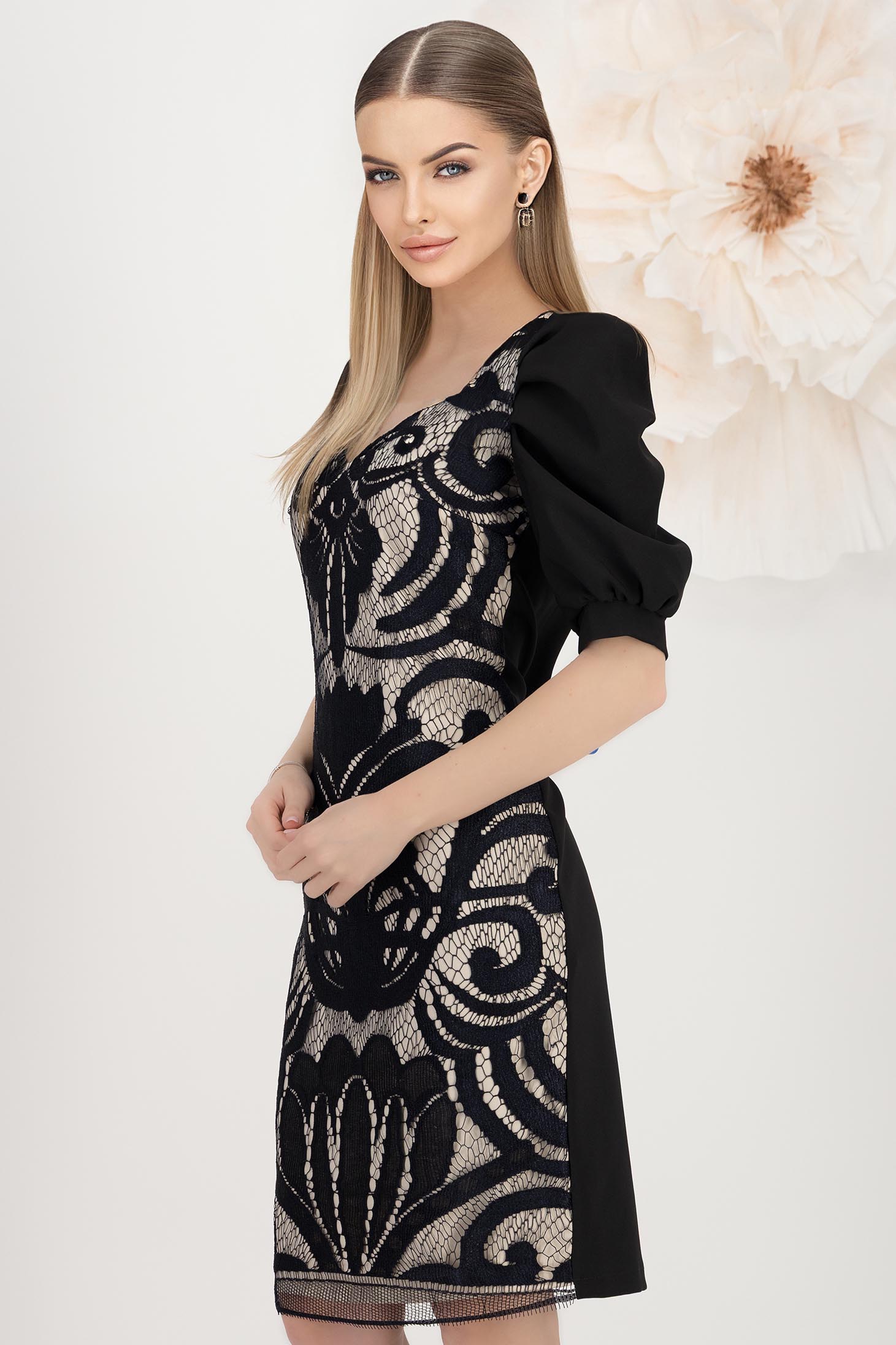 Rochie din stofa elastica cu suprapunere de dantela neagra tip creion cu maneci bufante - StarShinerS 2 - StarShinerS.ro