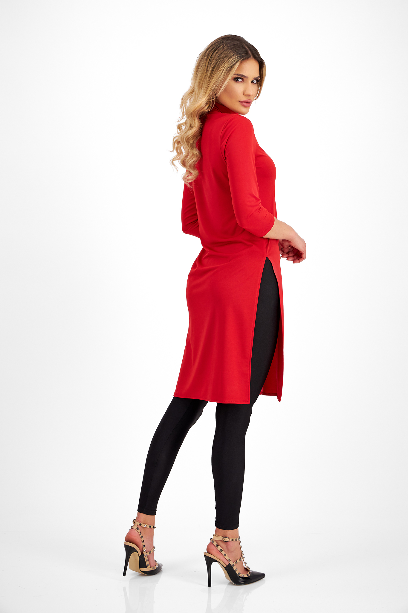 Lycra hosszú szűk szabású női blúz - piros, oldalt felsliccelt magas gallérral - StarShinerS 4 - StarShinerS.hu
