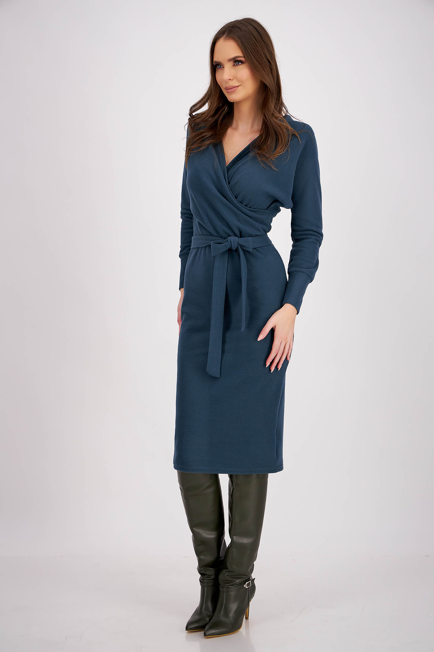 Rochie tricotata albastru petrol midi tip creion decolteu petrecut - StarShinerS 5 - StarShinerS.ro