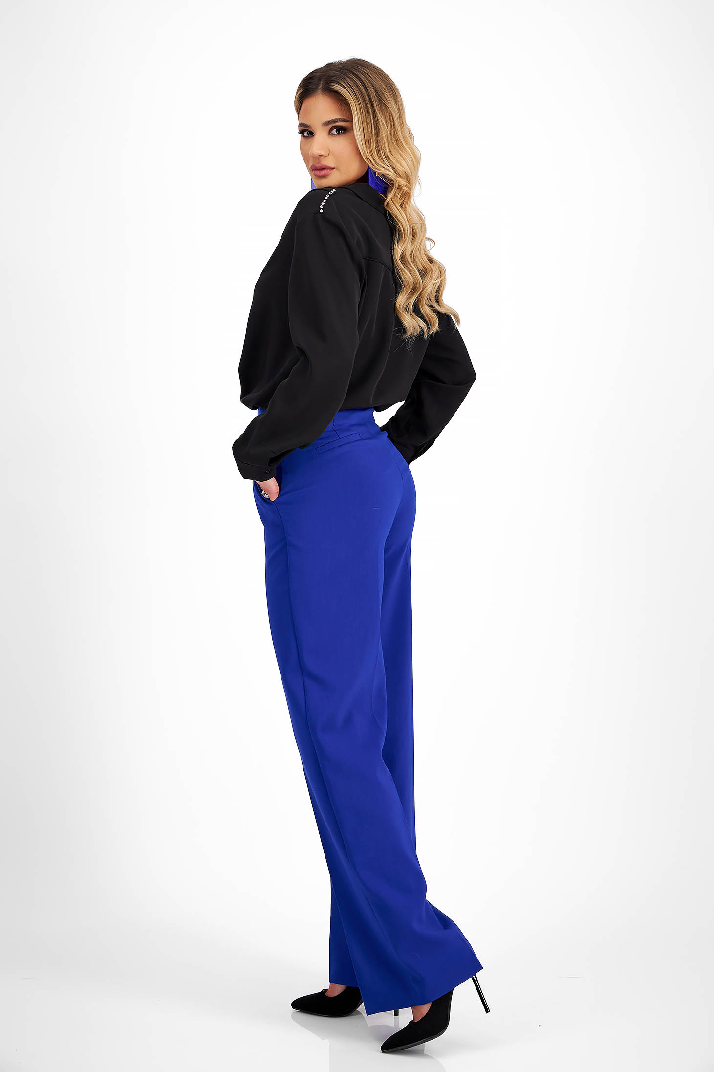Kék pamutból készült nadrág hosszú bővülő magas derekú 3 - StarShinerS.hu