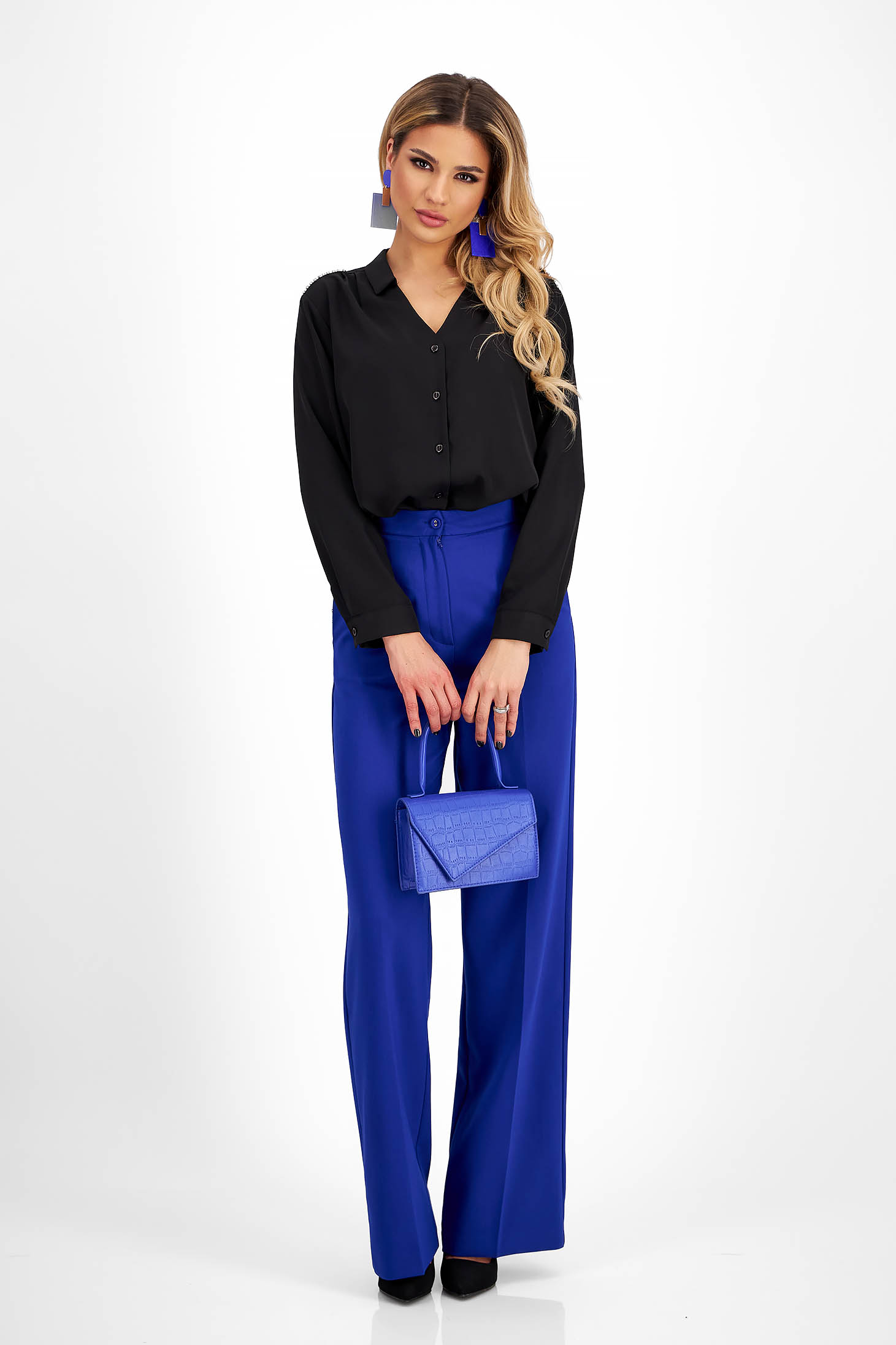 Kék pamutból készült nadrág hosszú bővülő magas derekú 4 - StarShinerS.hu