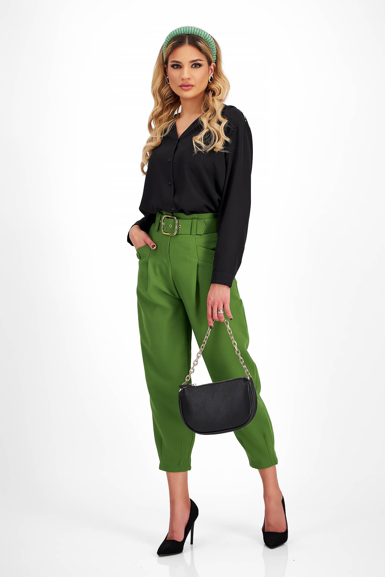 Zöld pamutból készült nadrág zsebes öv típusú kiegészítővel 3 - StarShinerS.hu