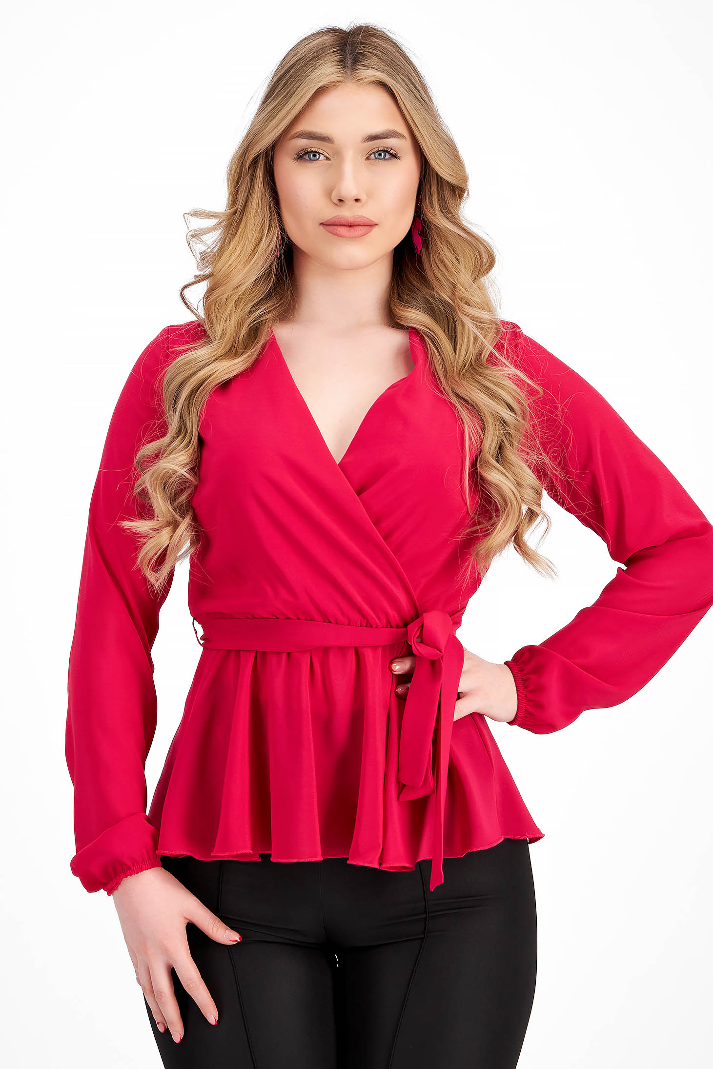 Bluza dama din voal roz cu elastic si peplum in talie - StarShinerS 1 - StarShinerS.ro