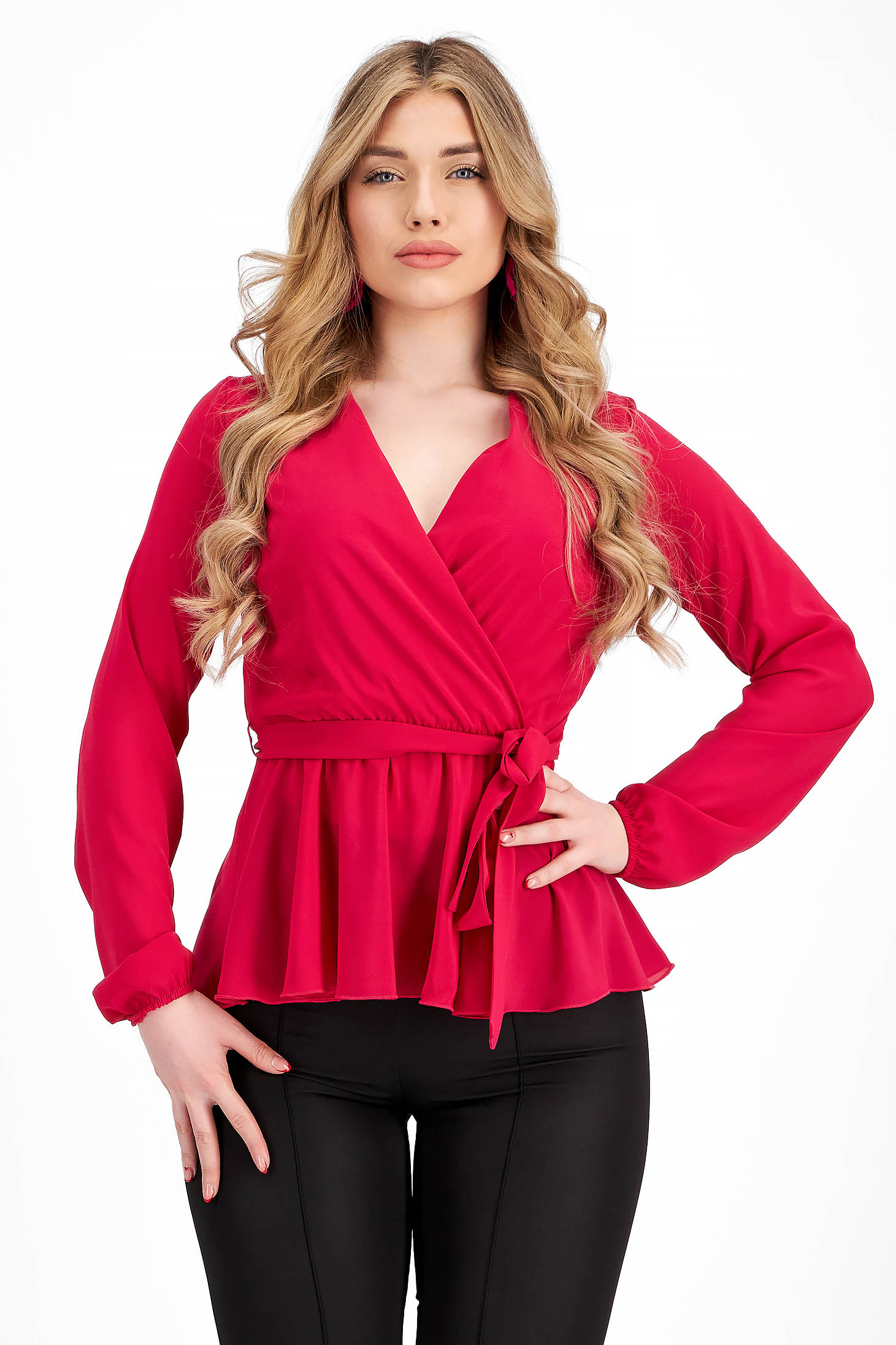 Bluza dama din voal roz cu elastic si peplum in talie - StarShinerS 3 - StarShinerS.ro