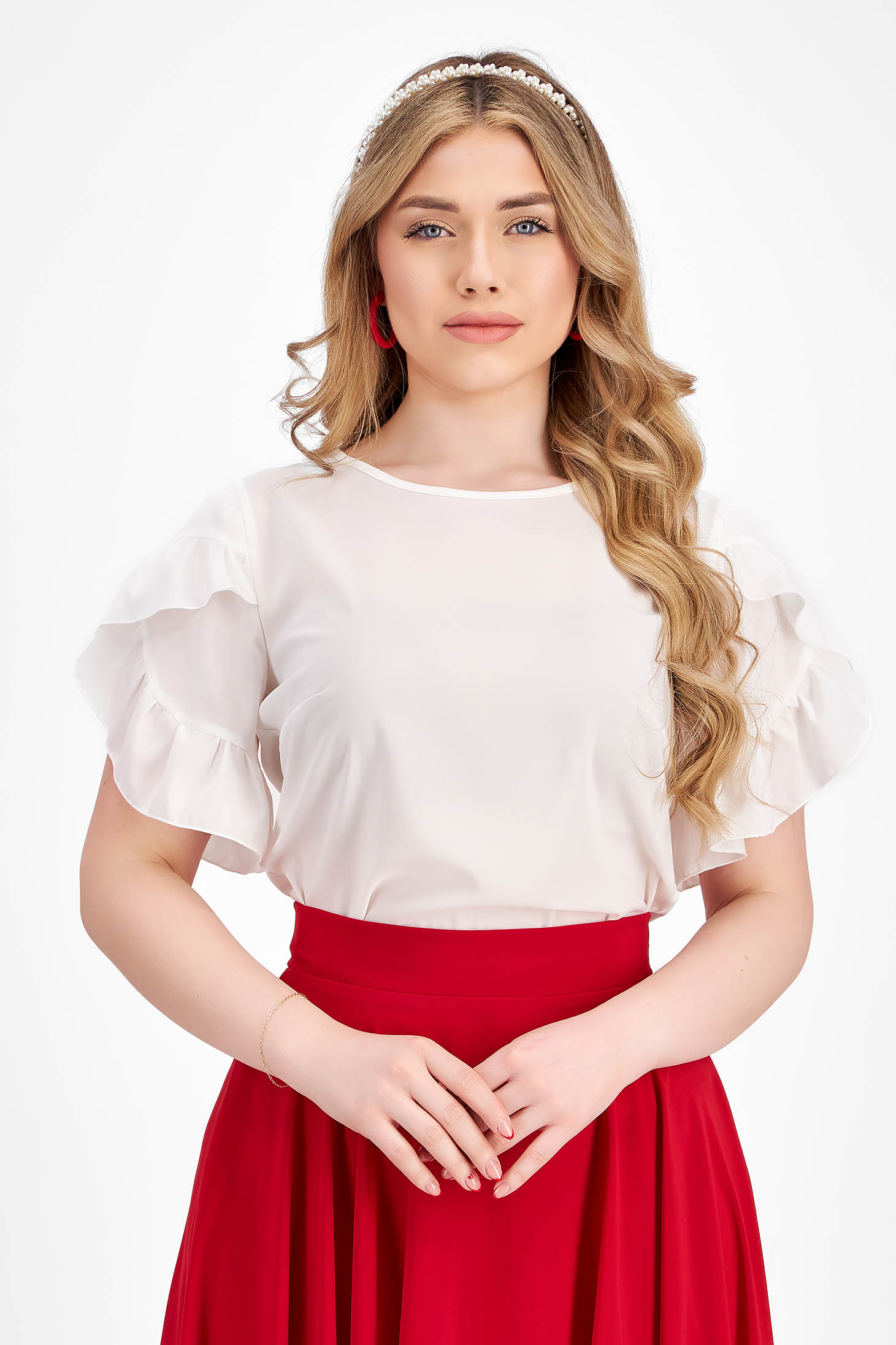 Bluza dama din voal alba cu croi larg si volanase la maneca - StarShinerS 1 - StarShinerS.ro