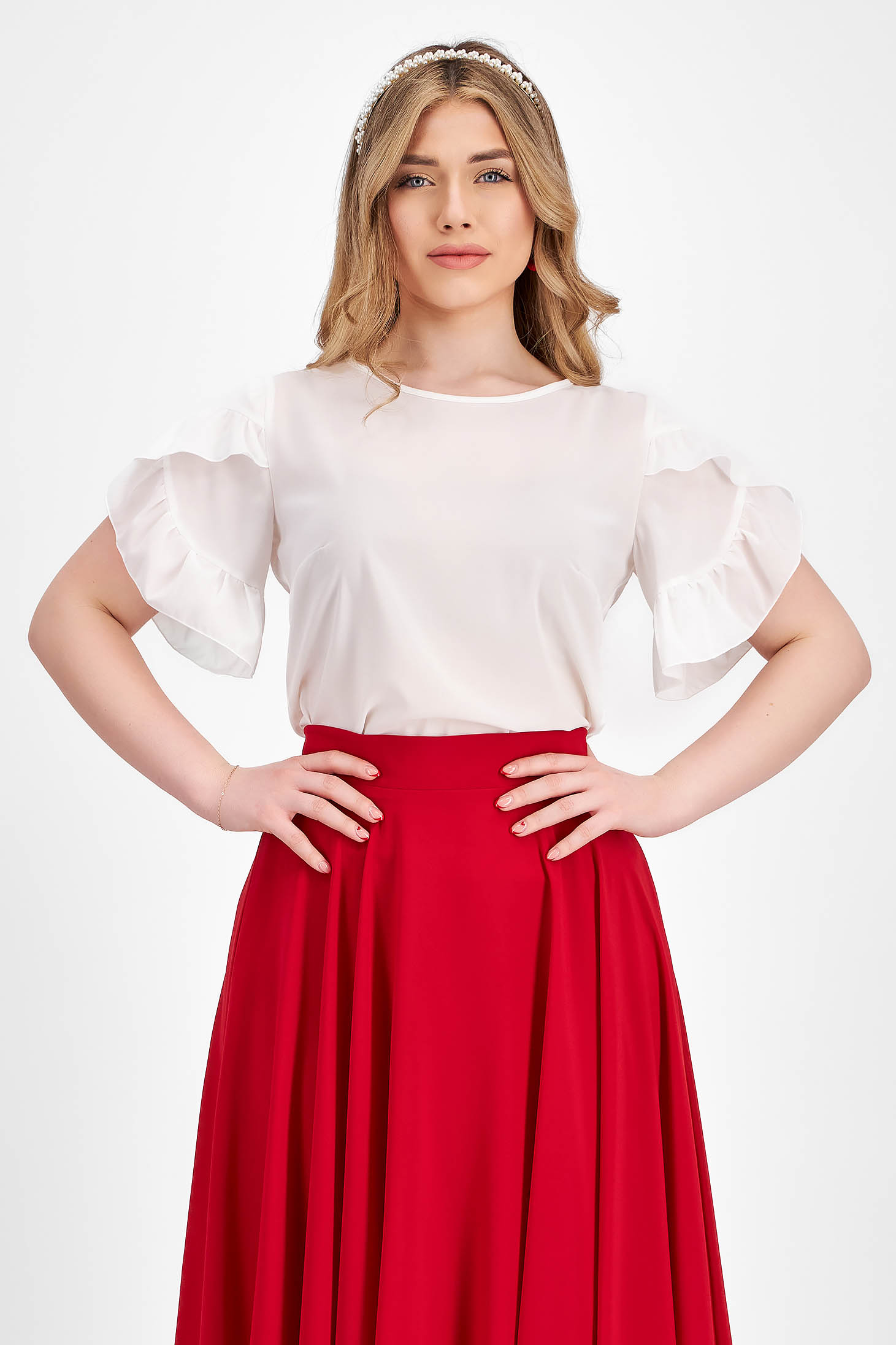 Bluza dama din voal alba cu croi larg si volanase la maneca - StarShinerS 3 - StarShinerS.ro
