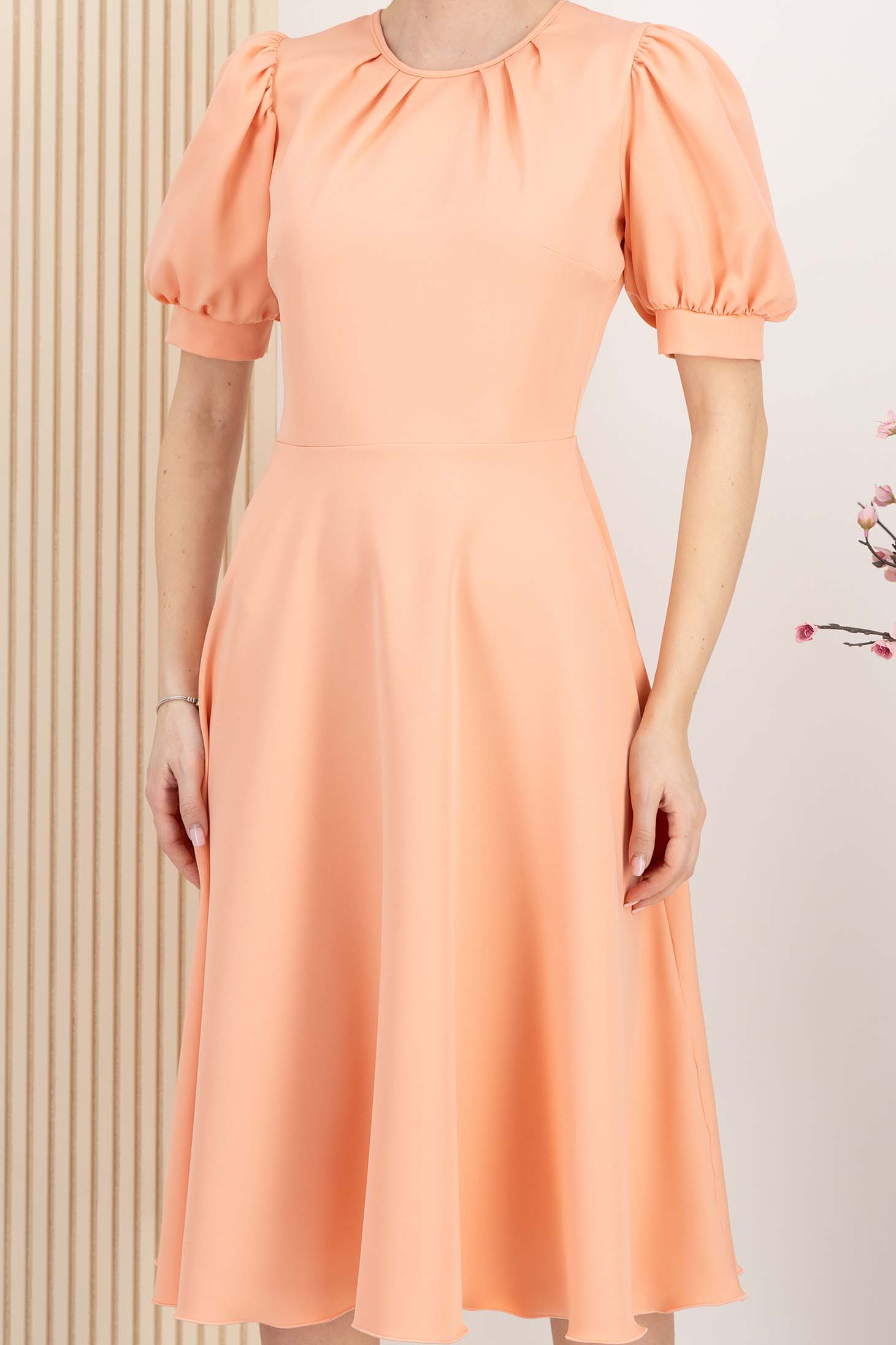 Rochie din stofa elastica corai midi in clos cu maneci bufante - StarShinerS 5 - StarShinerS.ro
