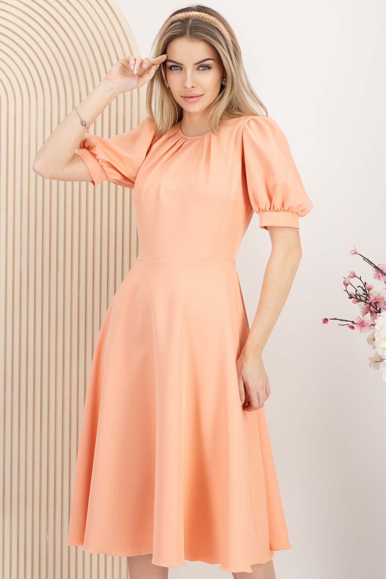 Rochie din stofa elastica corai midi in clos cu maneci bufante - StarShinerS 2 - StarShinerS.ro