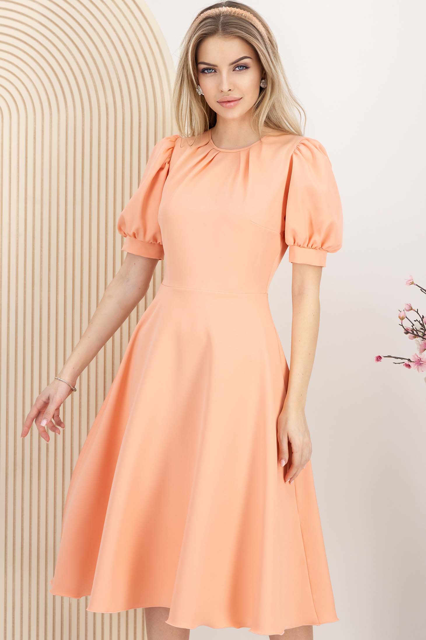 Rochie din stofa elastica corai midi in clos cu maneci bufante - StarShinerS 4 - StarShinerS.ro
