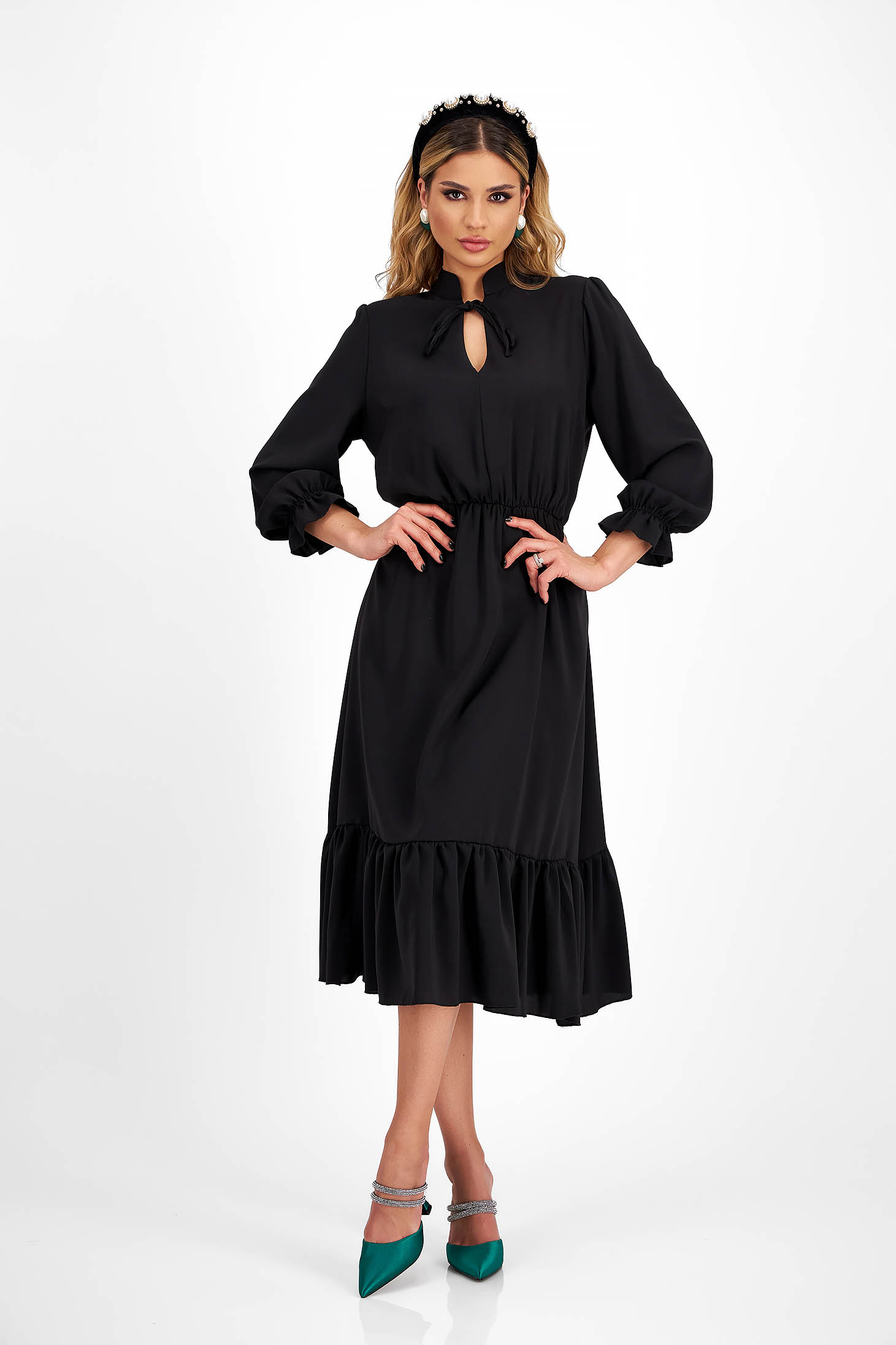 Rochie din georgette neagra midi in clos cu elastic in talie - StarShinerS 7 - StarShinerS.ro