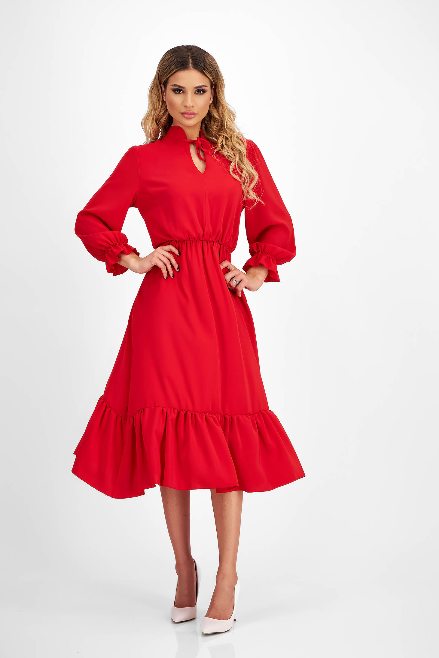 StarShinerS piros ruha - georgette midi harang alakú gumirozott derékrésszel 5 - StarShinerS.hu