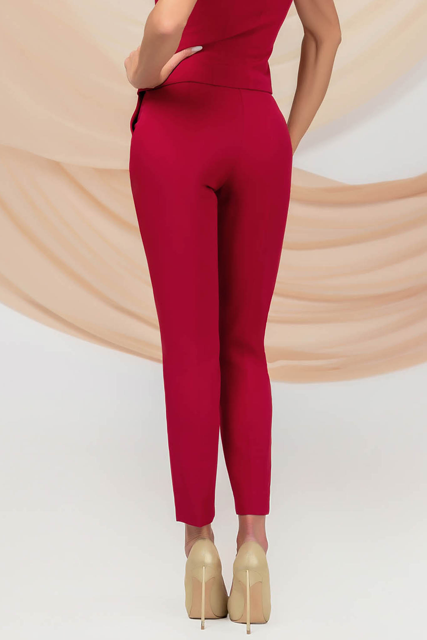 Pantaloni din stofa elastica rosii conici cu talie inalta si buzunare laterale 3 - StarShinerS.ro