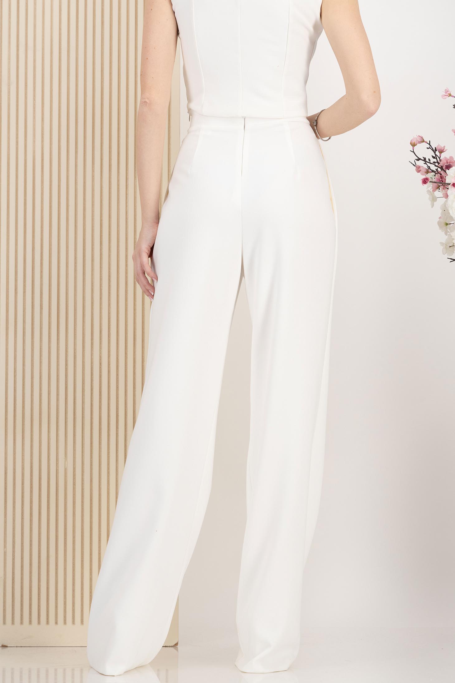 Pantaloni lungi din stofa premium elastica albi evazati cu buzunare laterale - StarShinerS 6 - StarShinerS.ro