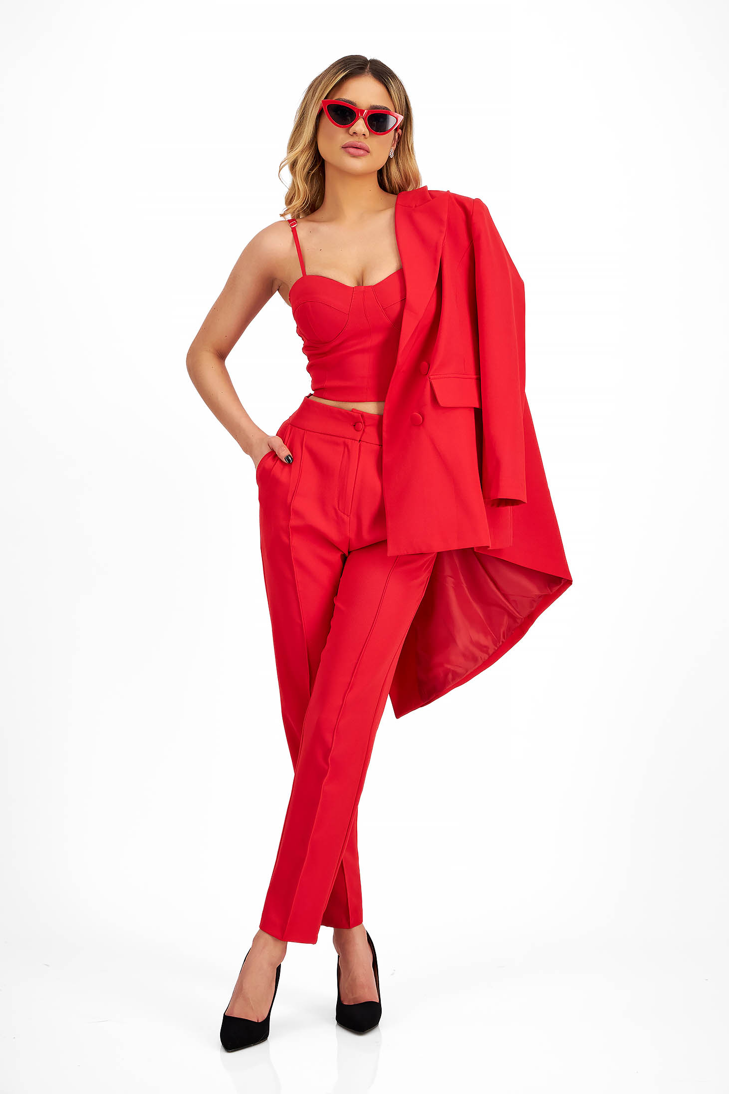Női kosztüm piros rugalmas szövet 3 - StarShinerS.hu