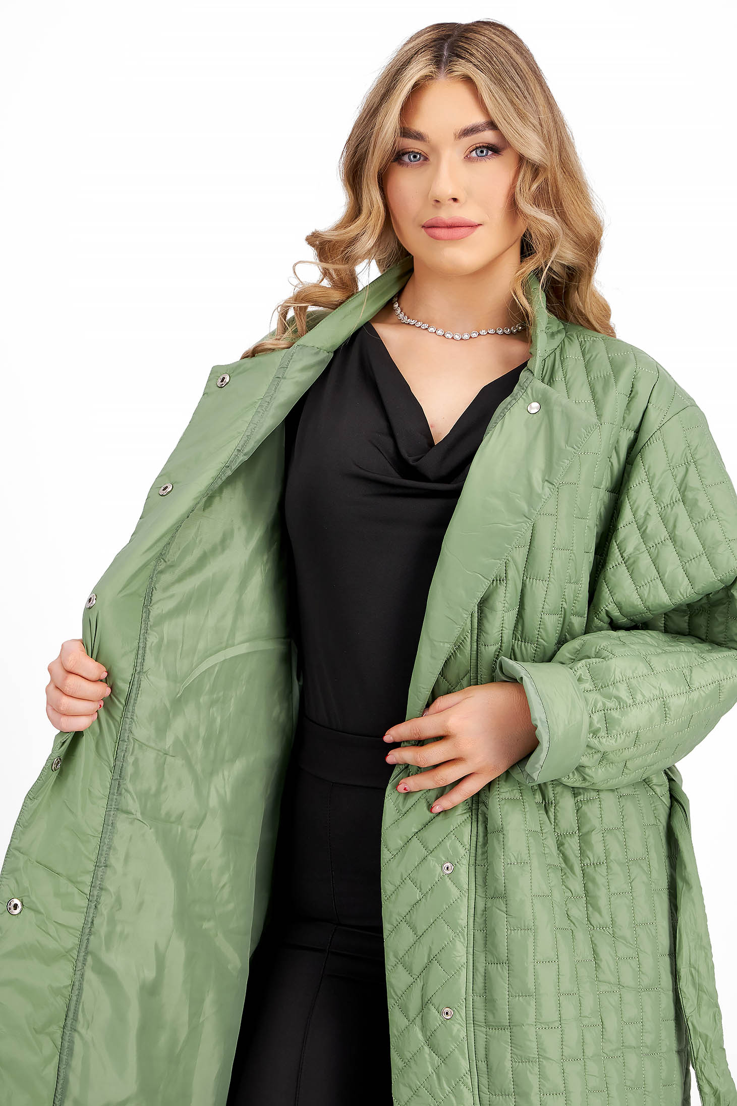 Geaca din fas verde-deschis cu croi larg accesorizata cu cordon in talie - SunShine 7 - StarShinerS.ro
