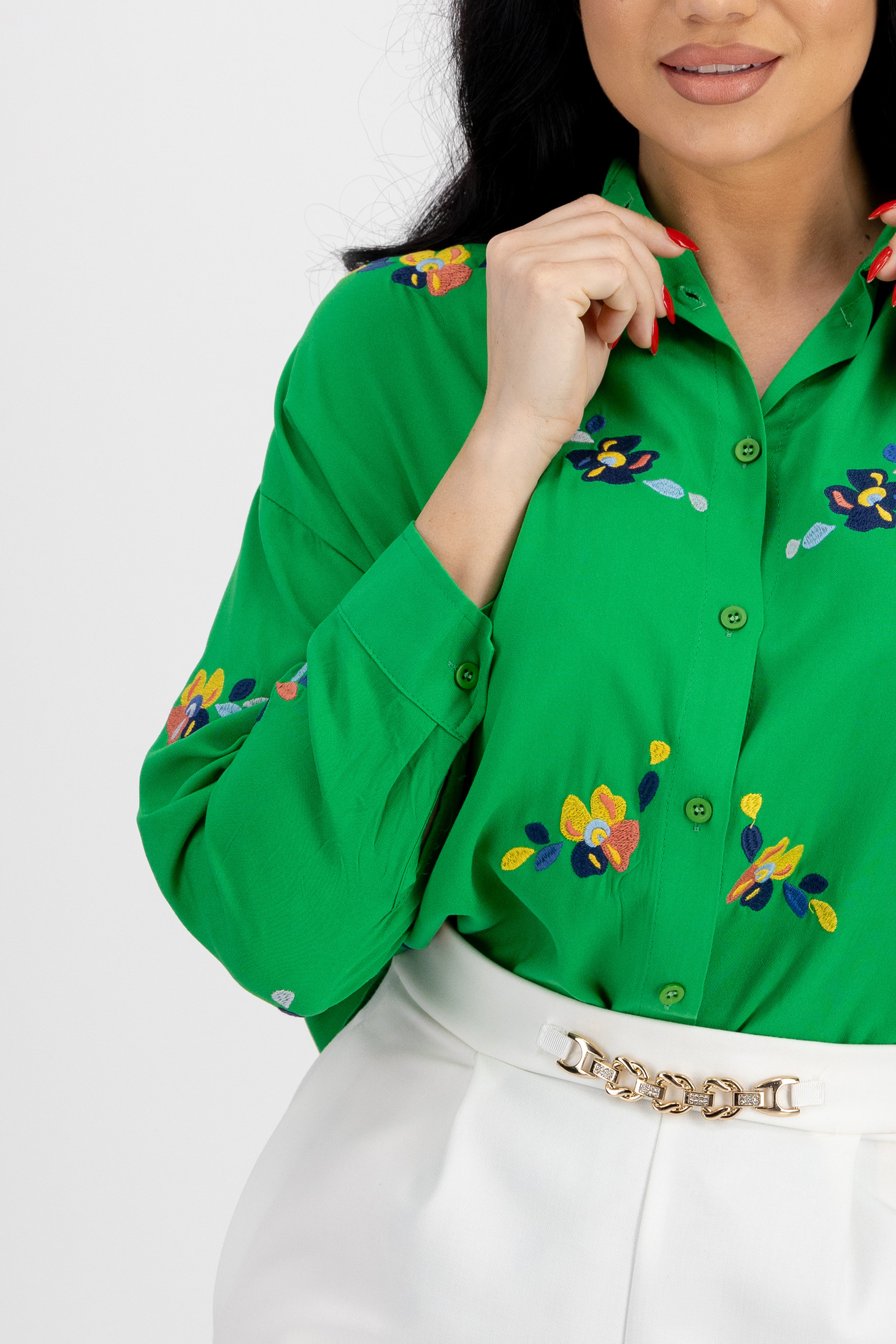 Női ing zöld pamutból készült aszimetrikus bő szabású hímzett részek 4 - StarShinerS.hu