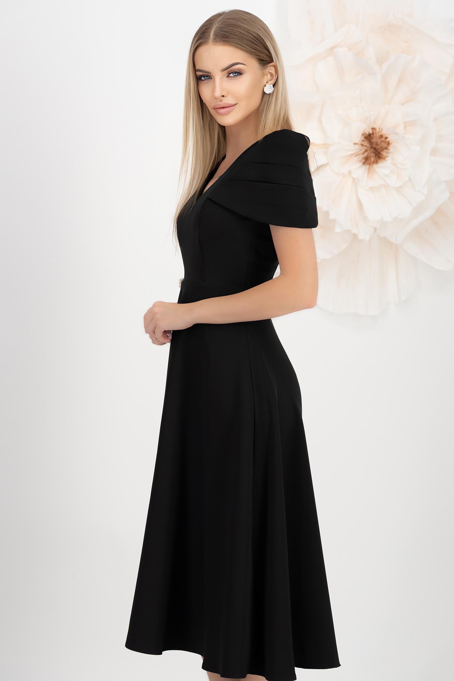 Rochie din stofa elastica neagra midi in clos accesorizata cu brosa - StarShinerS 2 - StarShinerS.ro