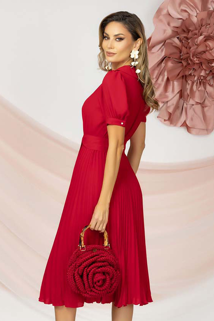 Piros rakott midi ruha, harang alakú gumirozott derékrésszel 2 - StarShinerS.hu