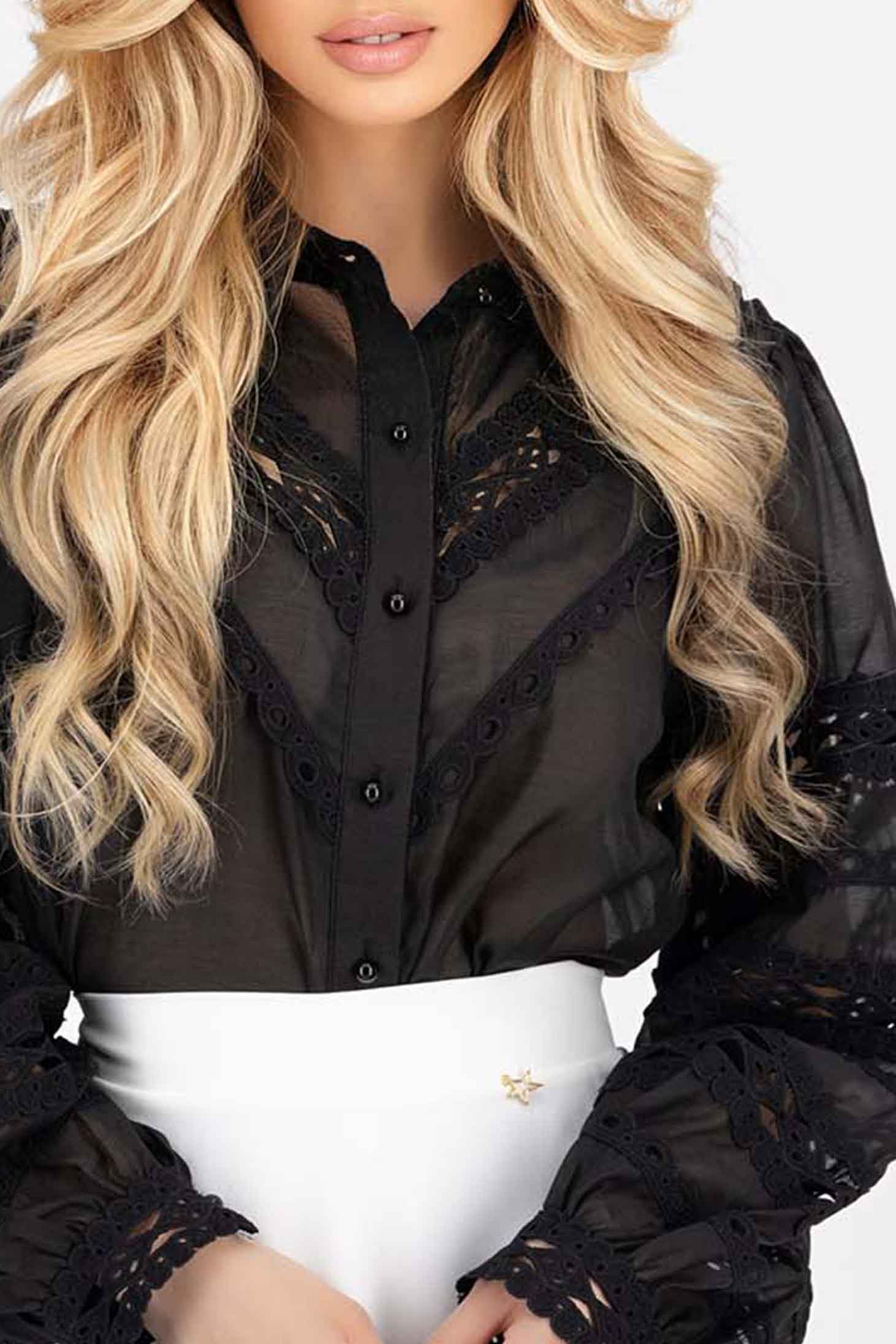 Női ing fekete bő szabású bő ujjú csipke díszítéssel 3 - StarShinerS.hu