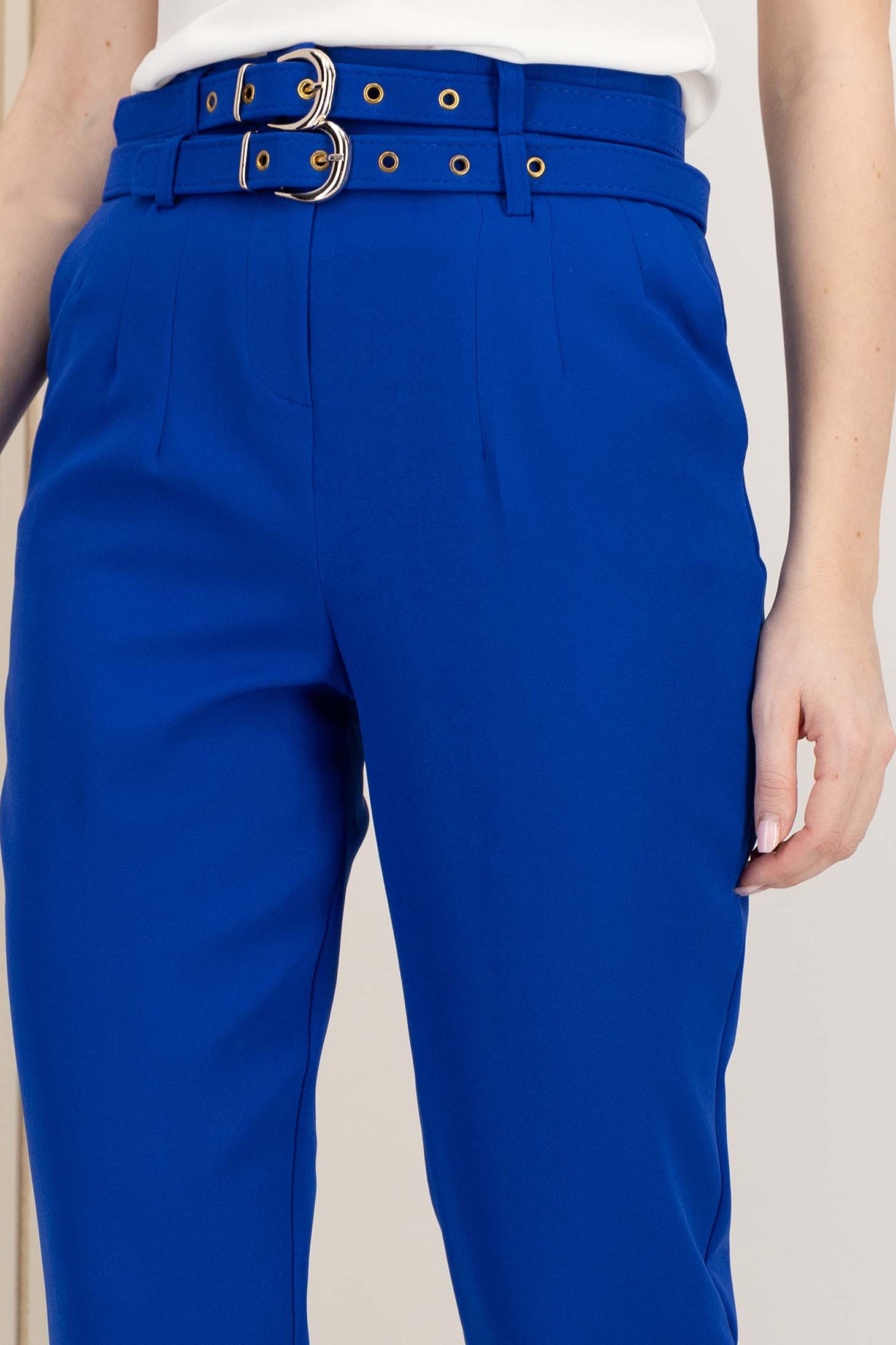 Pantaloni lungi din stofa elastica albastri cu un croi drept si accesorii tip curea 5 - StarShinerS.ro