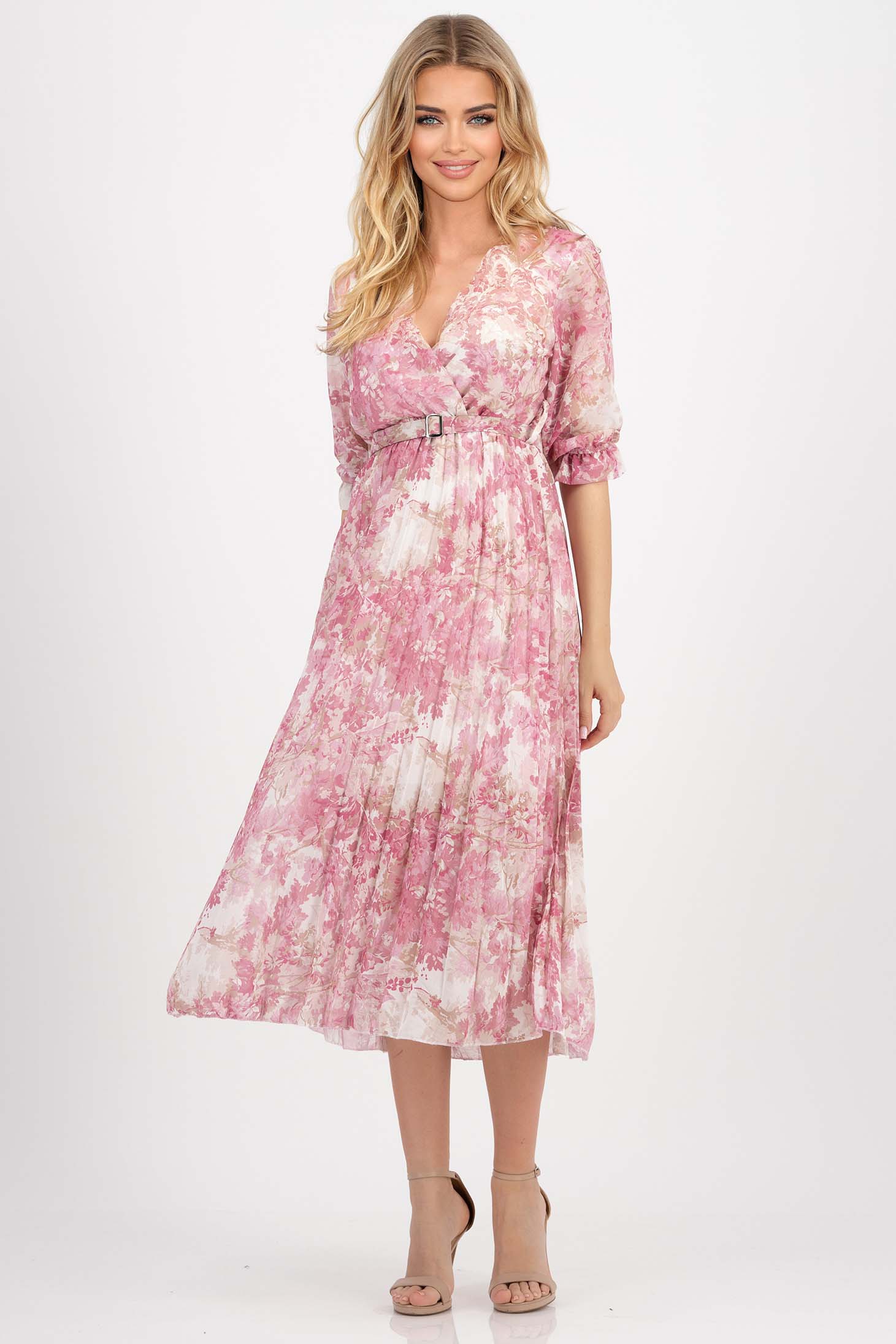 Rochie plisata din voal roz-deschis midi in clos cu elastic in talie si accesoriu tip curea 3 - StarShinerS.ro