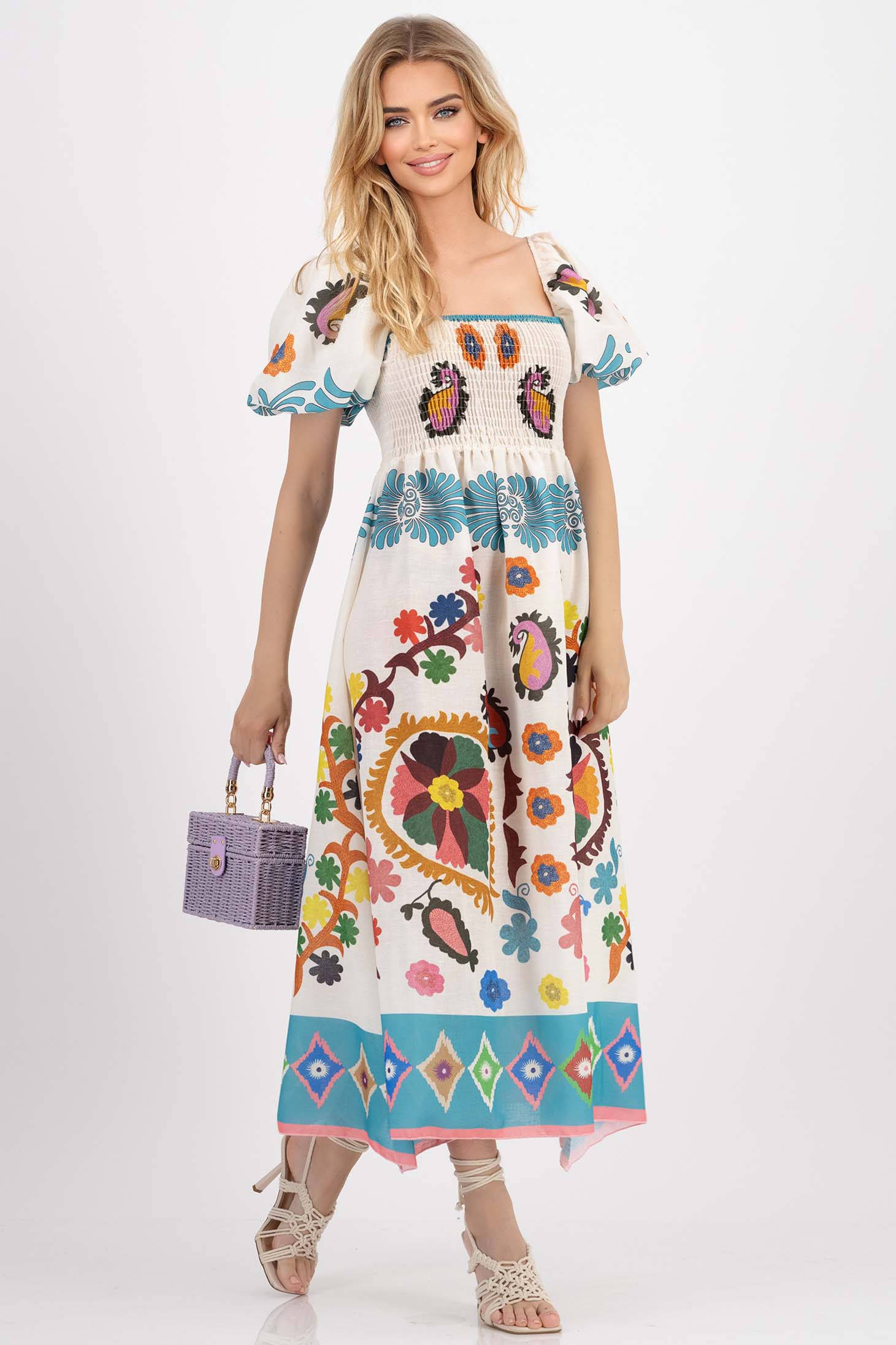 Rochie din material subtire in clos cu elastic in partea superioara si maneci bufante 3 - StarShinerS.ro