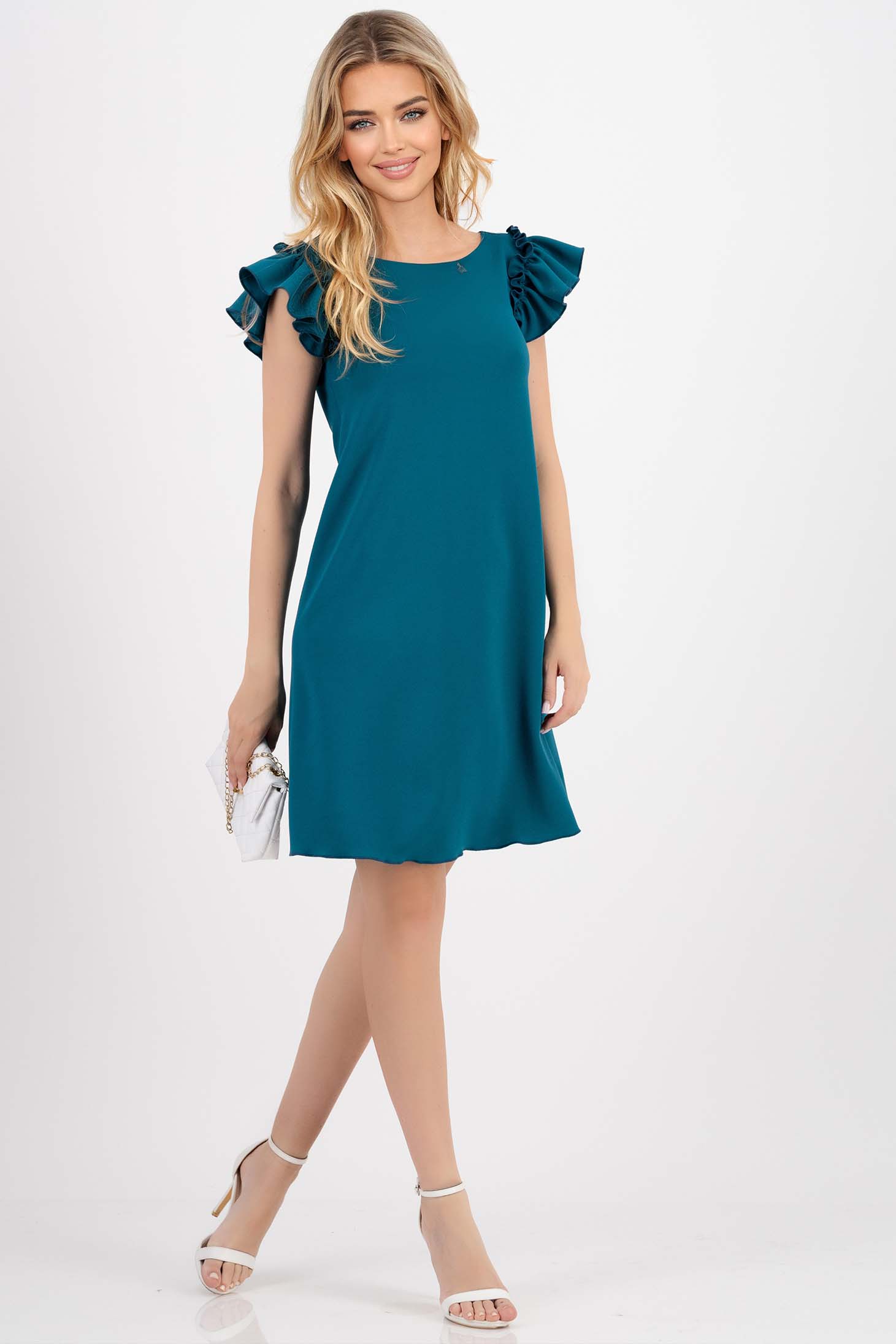 Rochie din crep verde petrol scurta cu croi larg si volanase la maneca - StarShinerS 3 - StarShinerS.ro