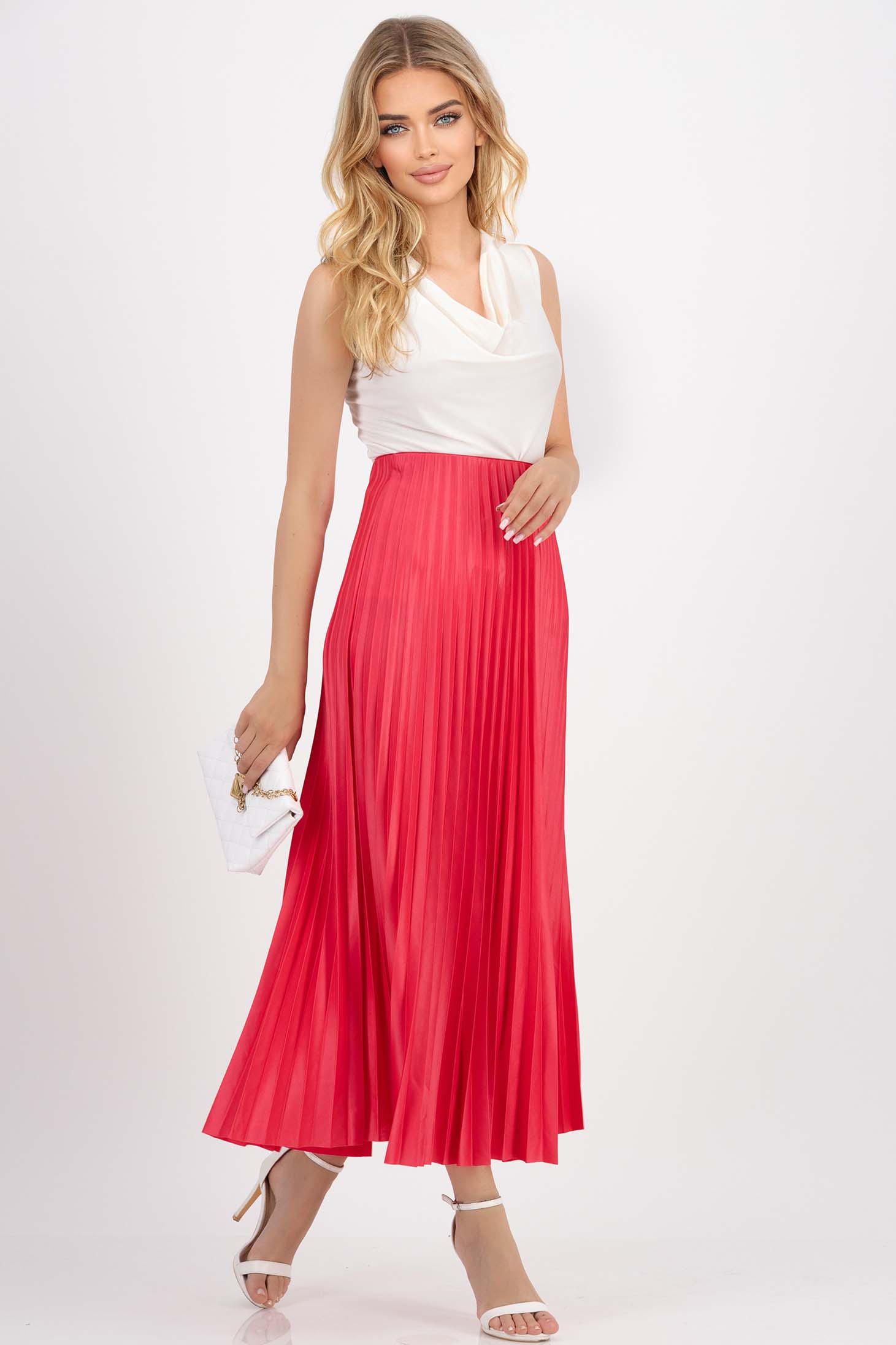 Fusta fuchsia plisata din lycra midi in clos cu elastic in talie 2 - StarShinerS.ro