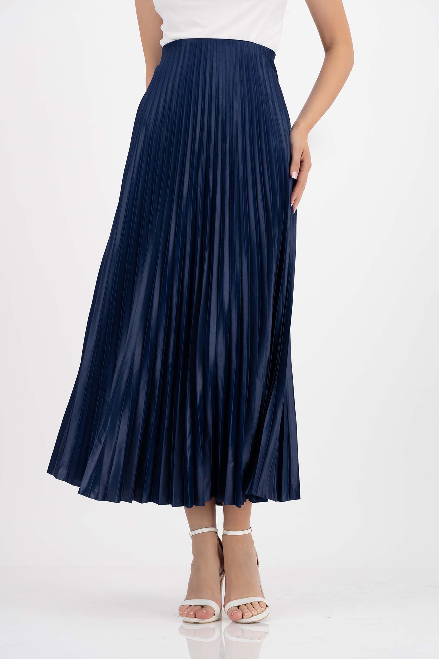 Fusta bleumarin plisata din lycra midi in clos cu elastic in talie 7 - StarShinerS.ro