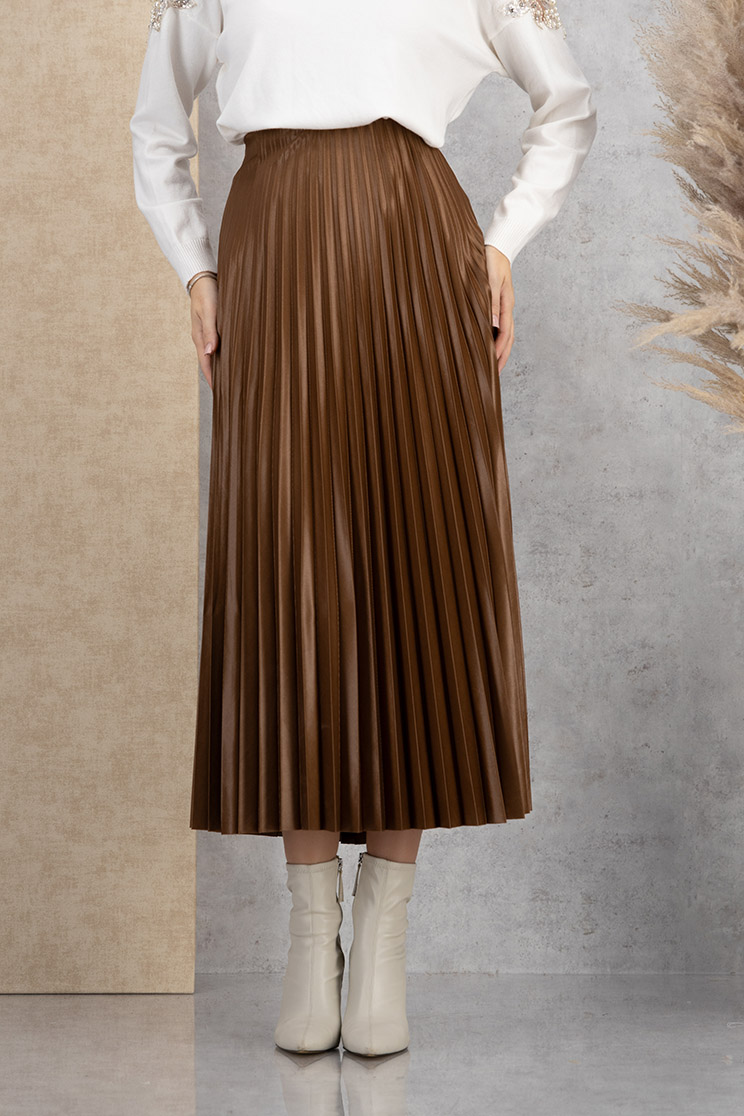 Fusta bej plisata din lycra midi in clos cu elastic in talie 7 - StarShinerS.ro