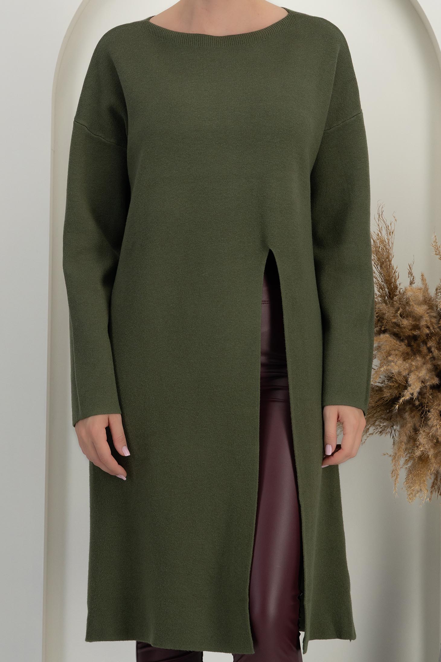 Khaki damski džemperi pletenje širok dug 4 - StarShinerS.hr