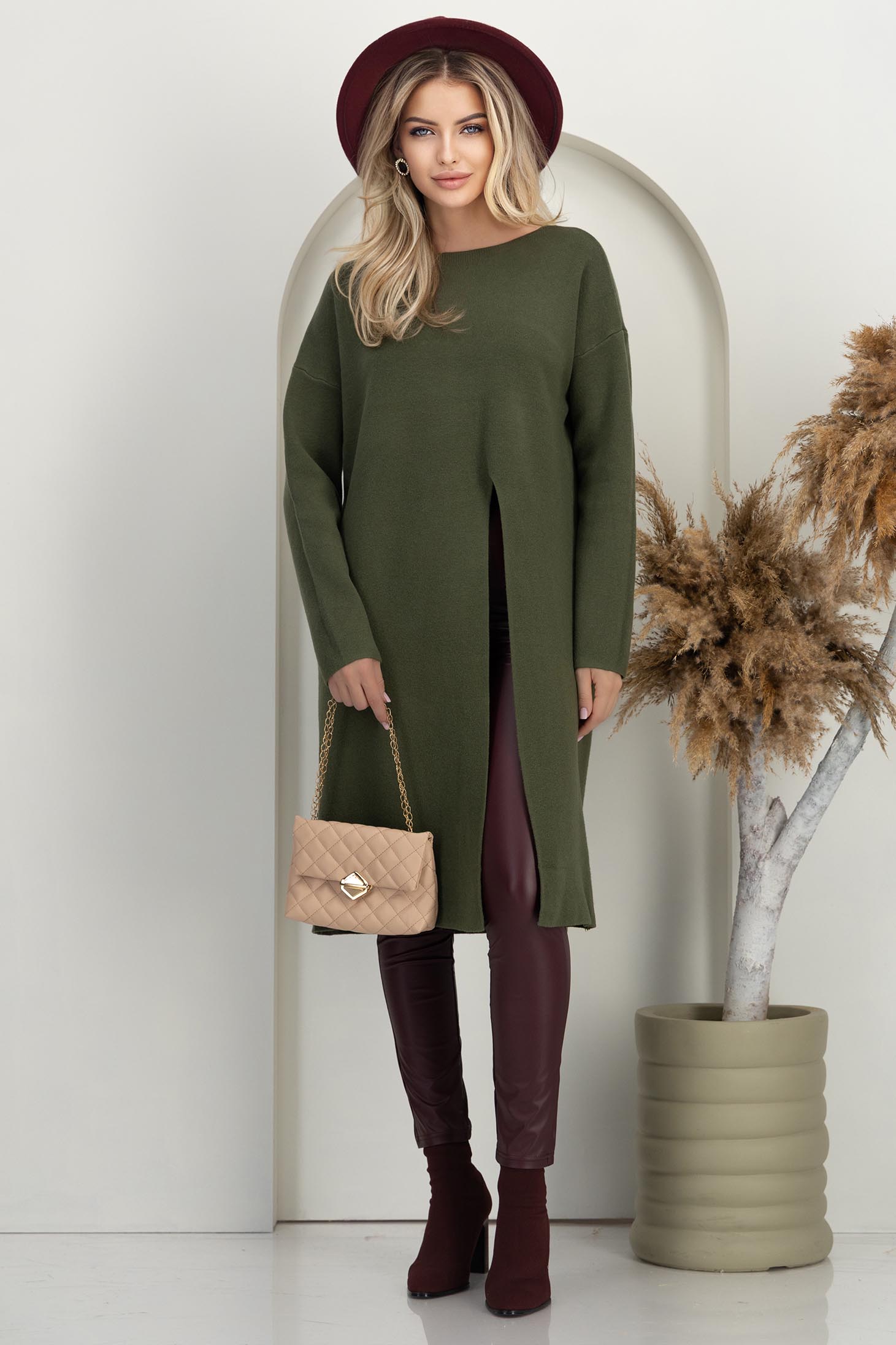 Khaki damski džemperi pletenje širok dug 3 - StarShinerS.hr