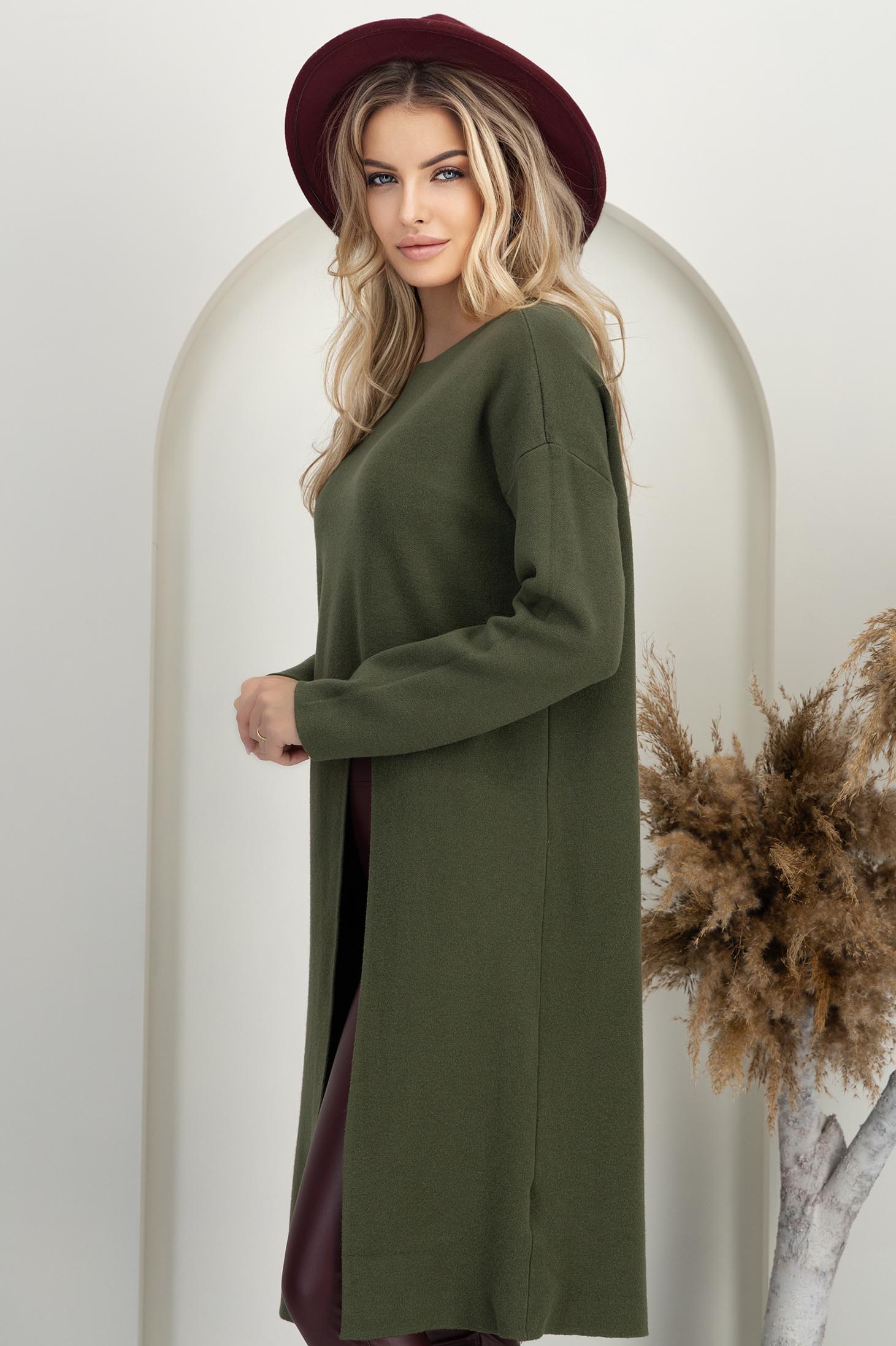 Khaki damski džemperi pletenje širok dug 2 - StarShinerS.hr