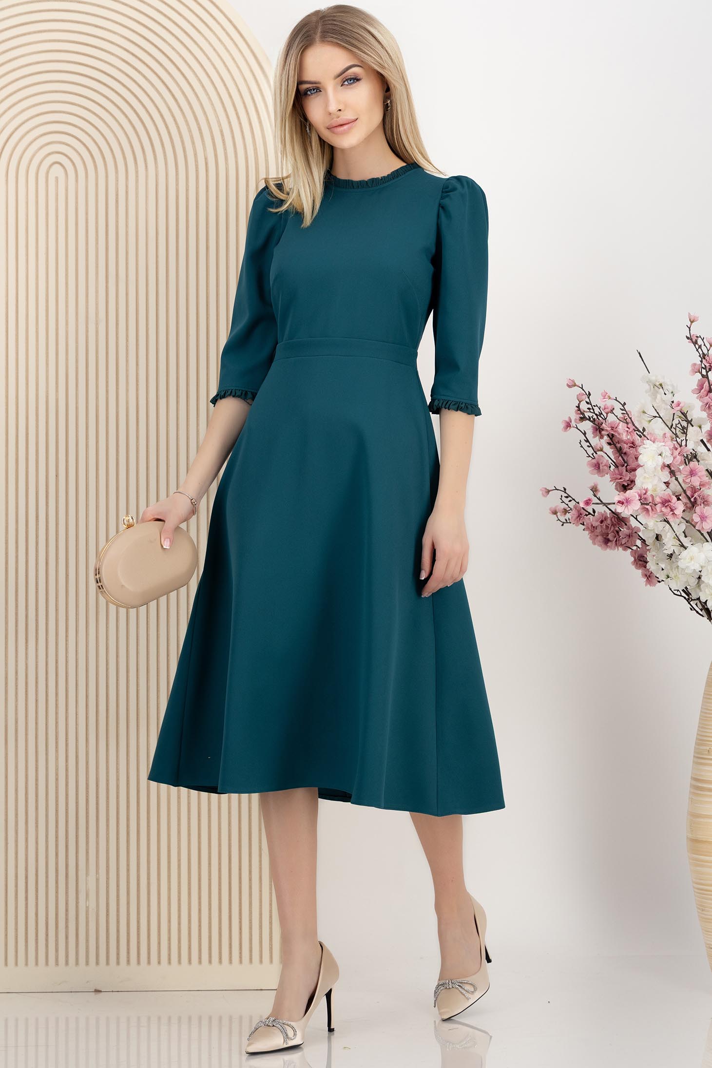 Rochie din stofa elastica verde petrol midi in clos cu umeri bufanti - StarShinerS 3 - StarShinerS.ro