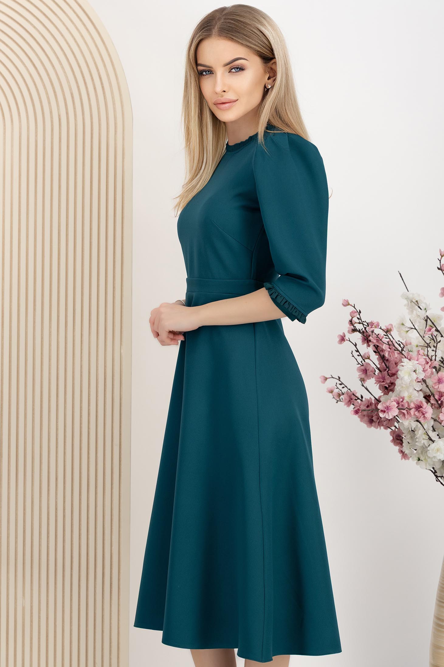Rochie din stofa elastica verde petrol midi in clos cu umeri bufanti - StarShinerS 2 - StarShinerS.ro