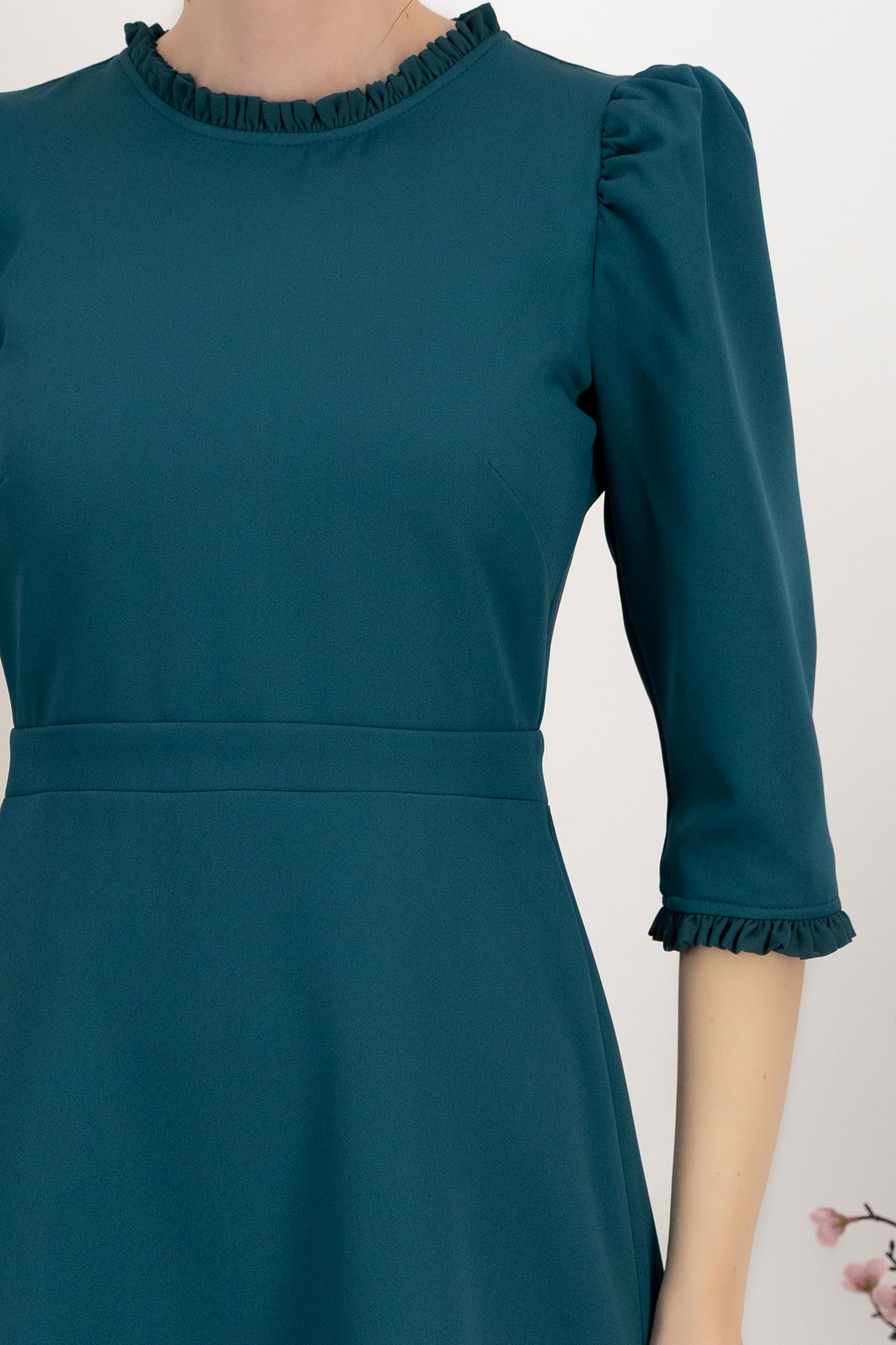 Rochie din stofa elastica verde petrol midi in clos cu umeri bufanti - StarShinerS 6 - StarShinerS.ro