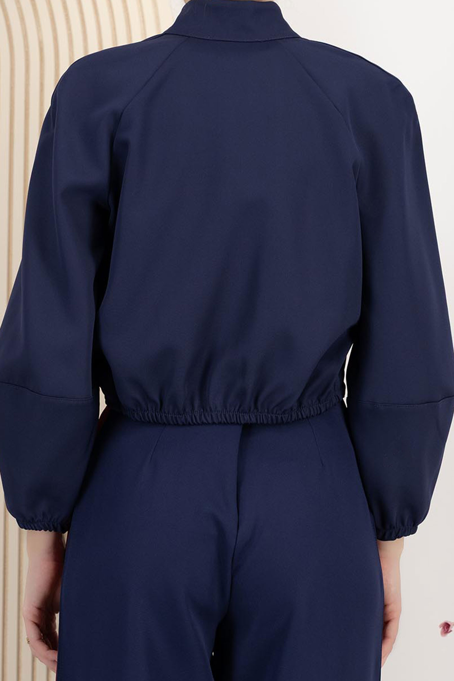 Jacheta tip bomber scurt din stofa elastica bleumarin cu maneci bufante - StarShinerS 4 - StarShinerS.ro