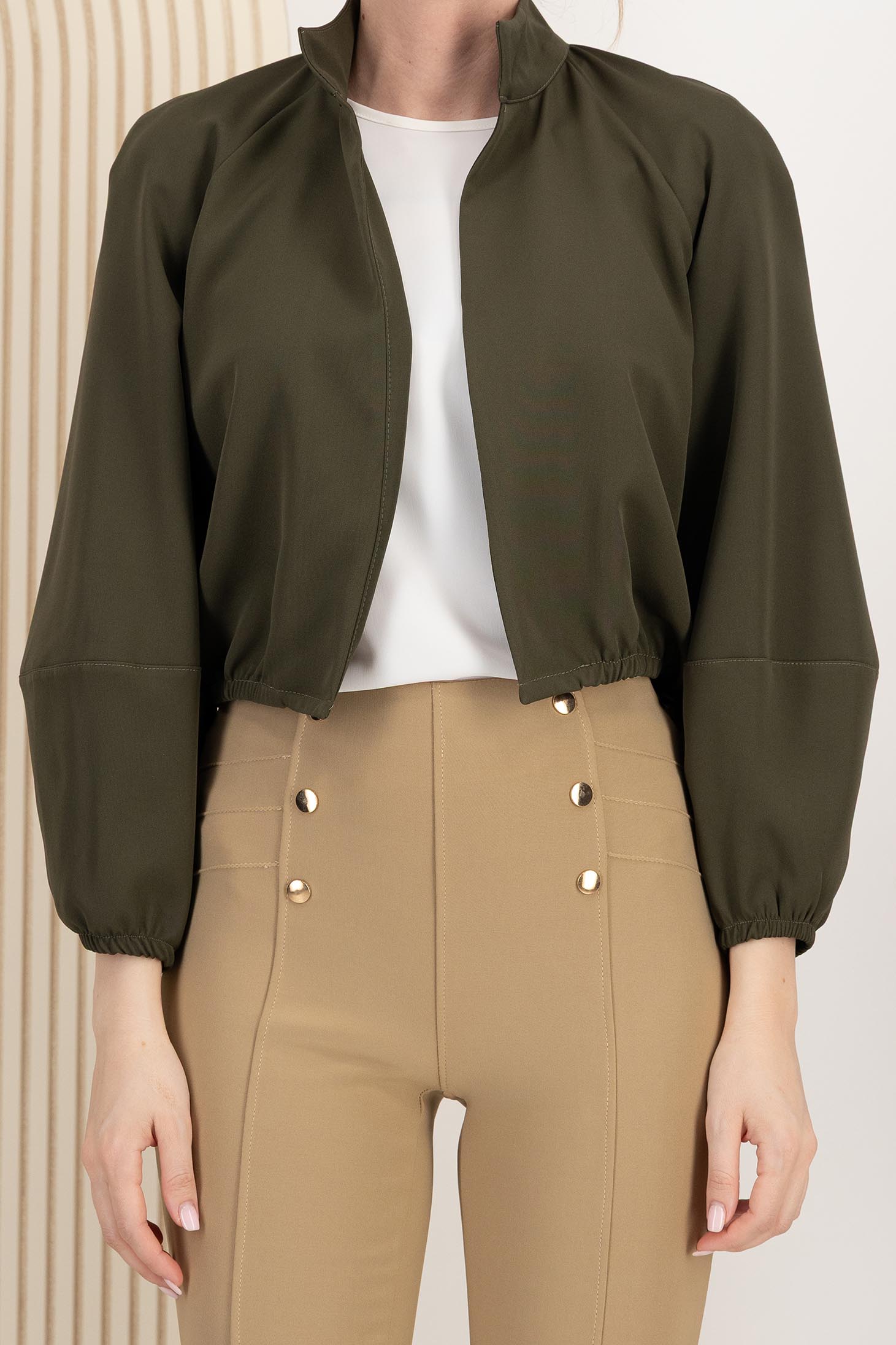 Jacheta tip bomber scurt din stofa elastica kaki cu maneci bufante - StarShinerS 4 - StarShinerS.ro
