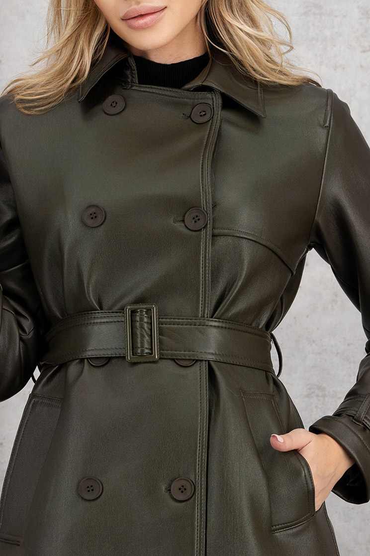 Palton din piele ecologica khaki cu un croi drept accesorizat cu cordon 7 - StarShinerS.ro